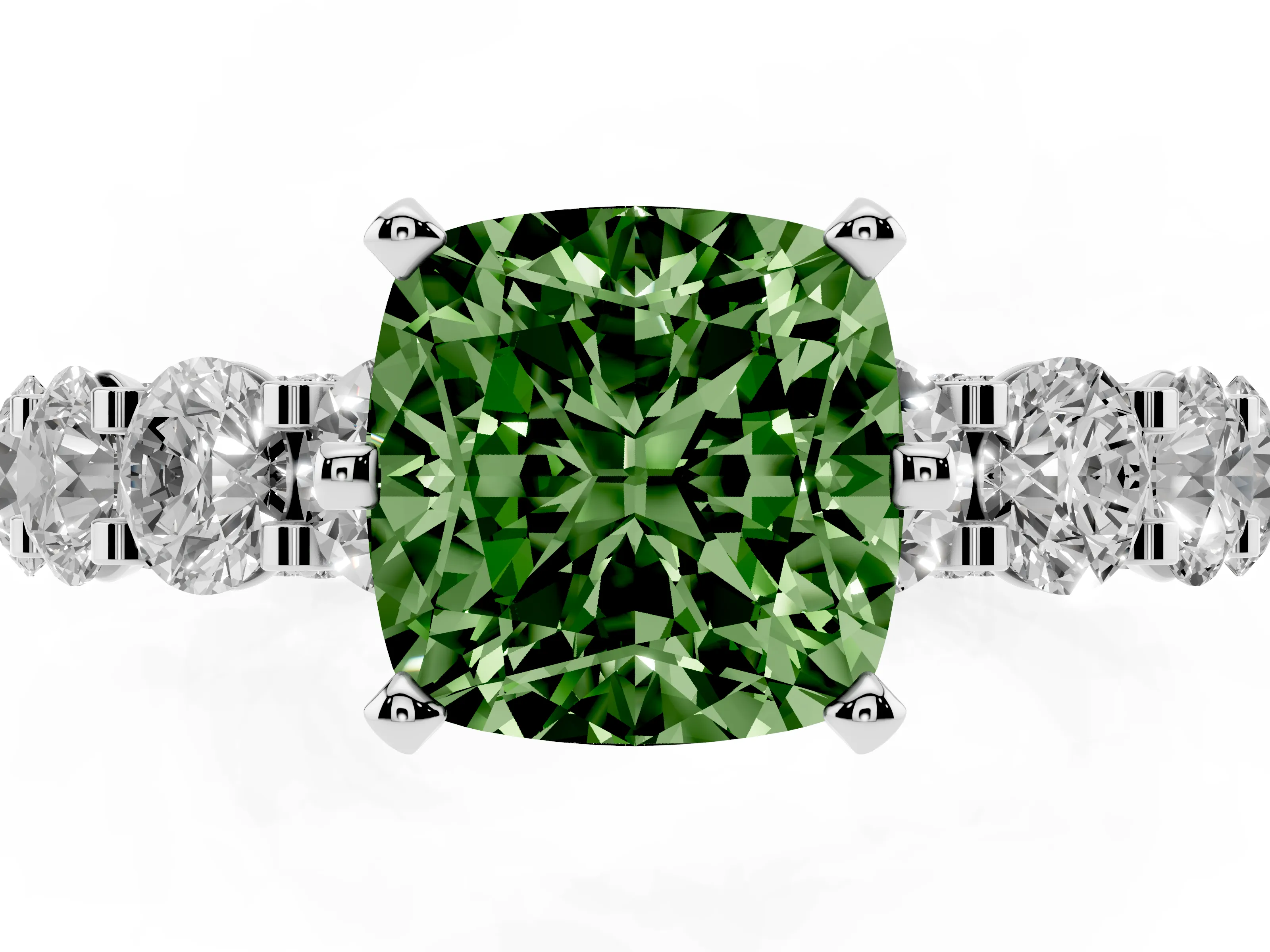 Fancy Green Cushion Cut Diamond Side Stone Ring Set in Silver with Alternating Round and Oval Side Stones