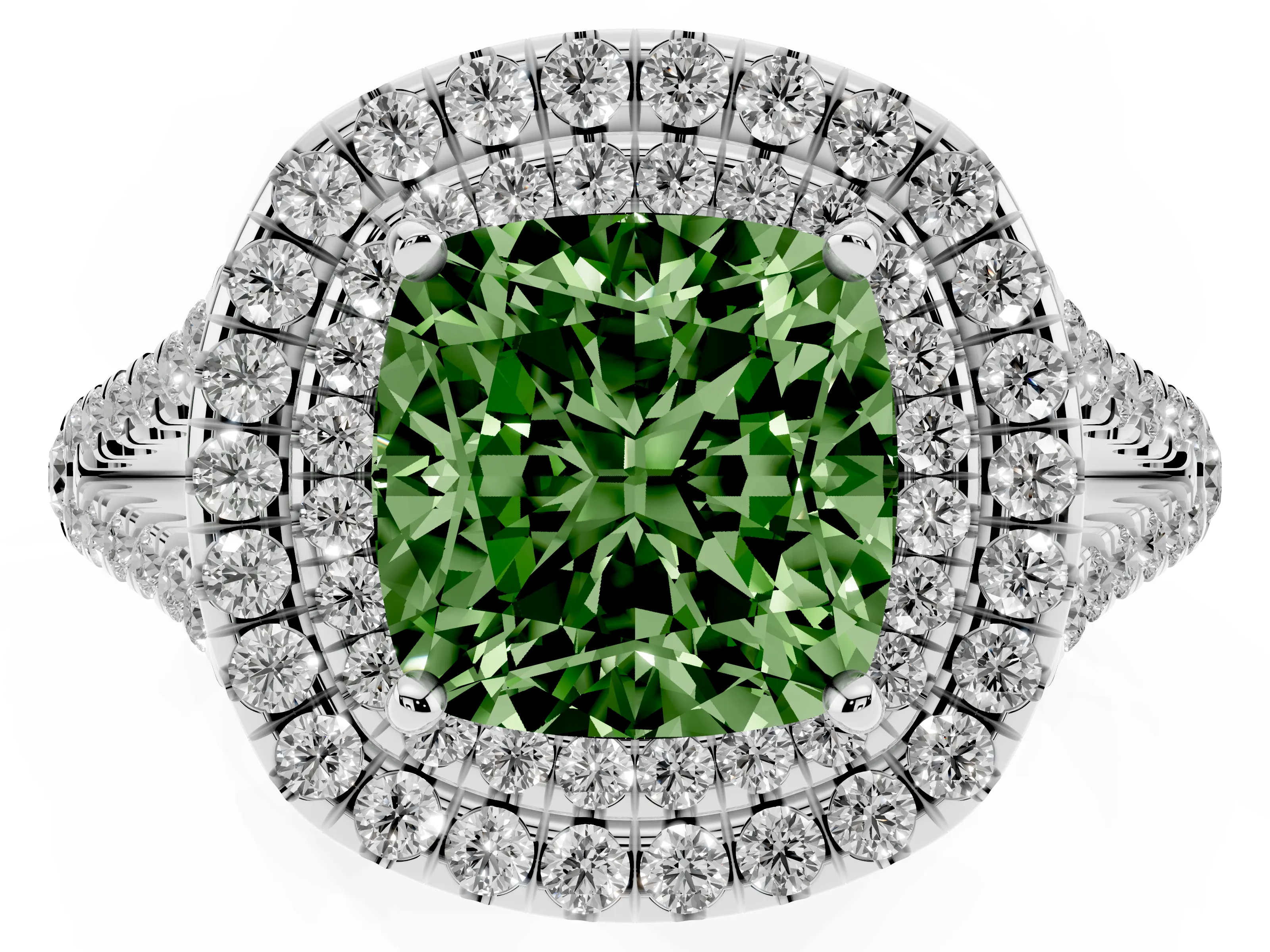 Fancy Green Cushion Cut Diamond Double Halo Ring Set in Platinum with Pavé Band