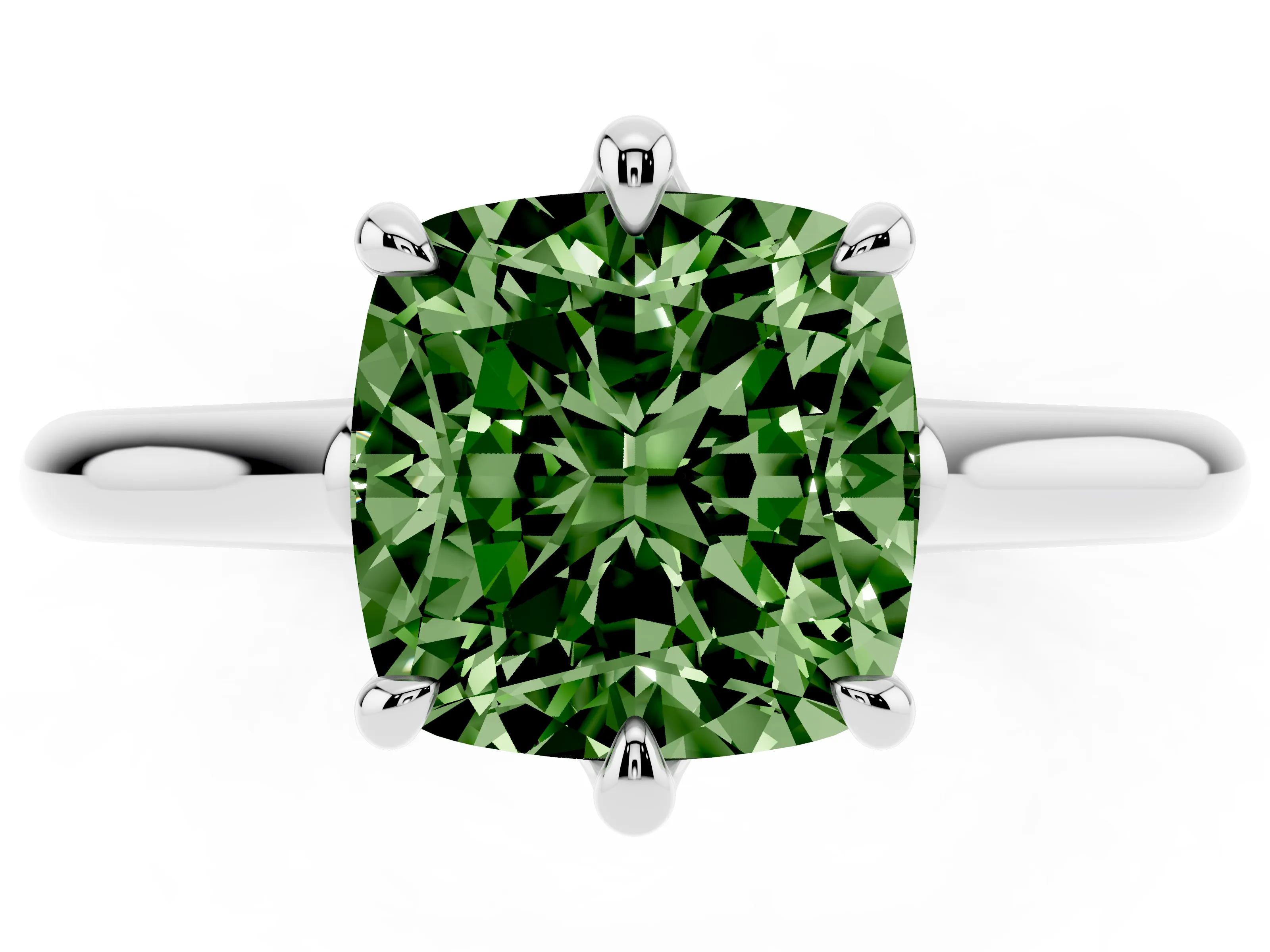 Fancy Green Cushion Cut Diamond Solitaire Engagement Ring Set in White gold with Prong Setting and Plain Classic Band