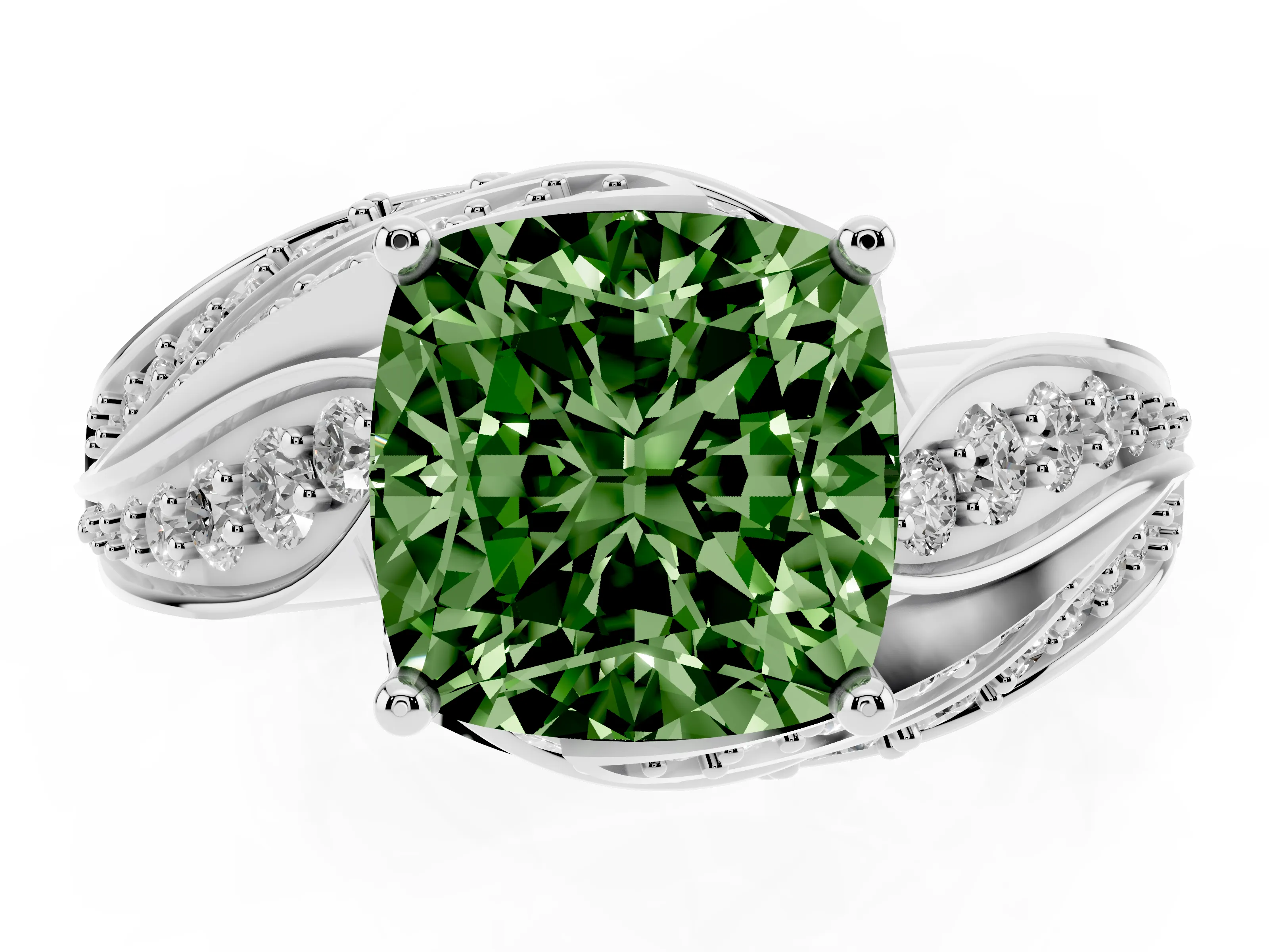 Fancy Green Cushion Cut Diamond Solitaire Ring Set in Silver with Layered Twist Pavé Band