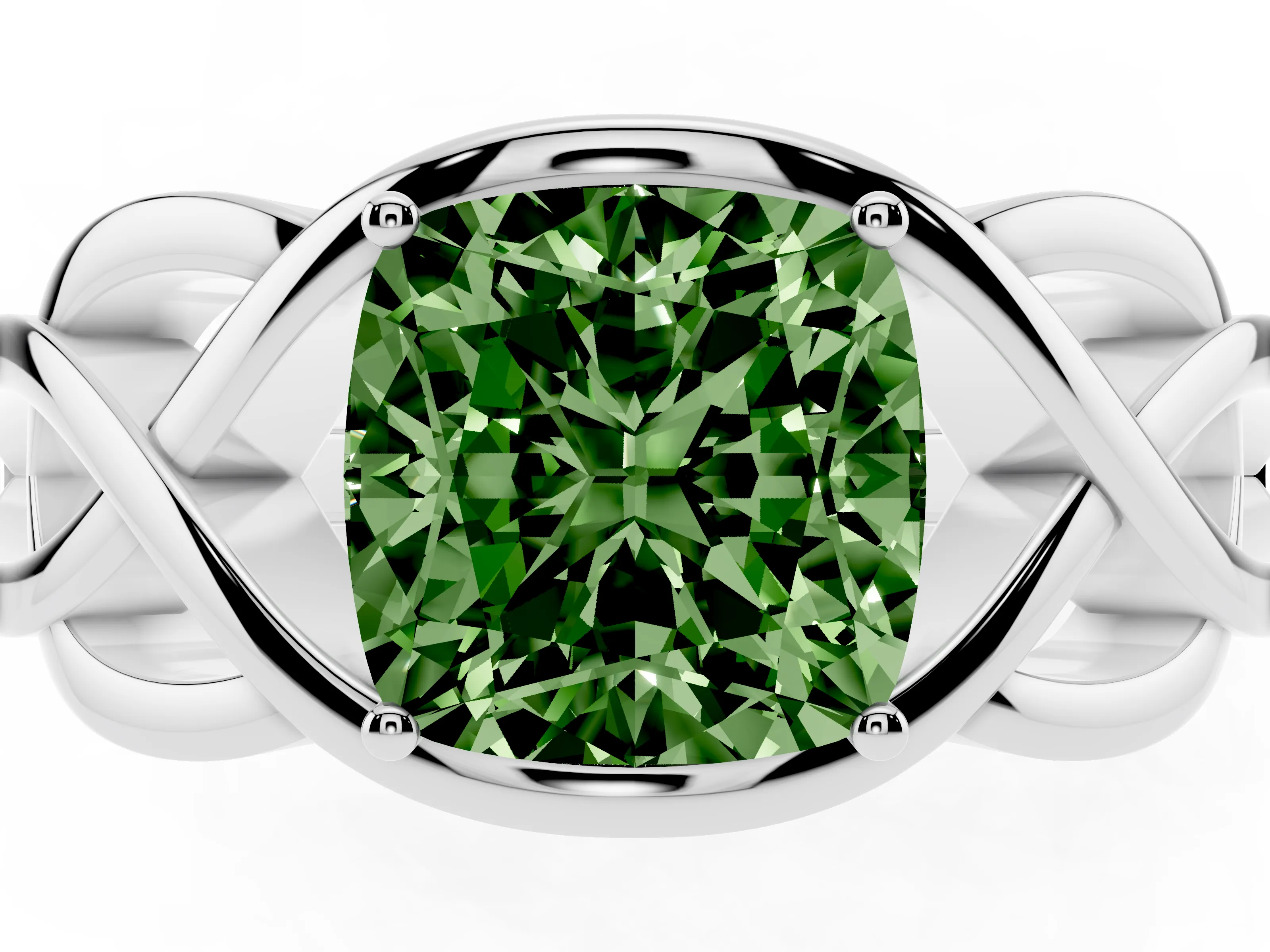 Fancy Green Cushion Cut Diamond Solitaire Ring Set in Silver with Intertwined Band