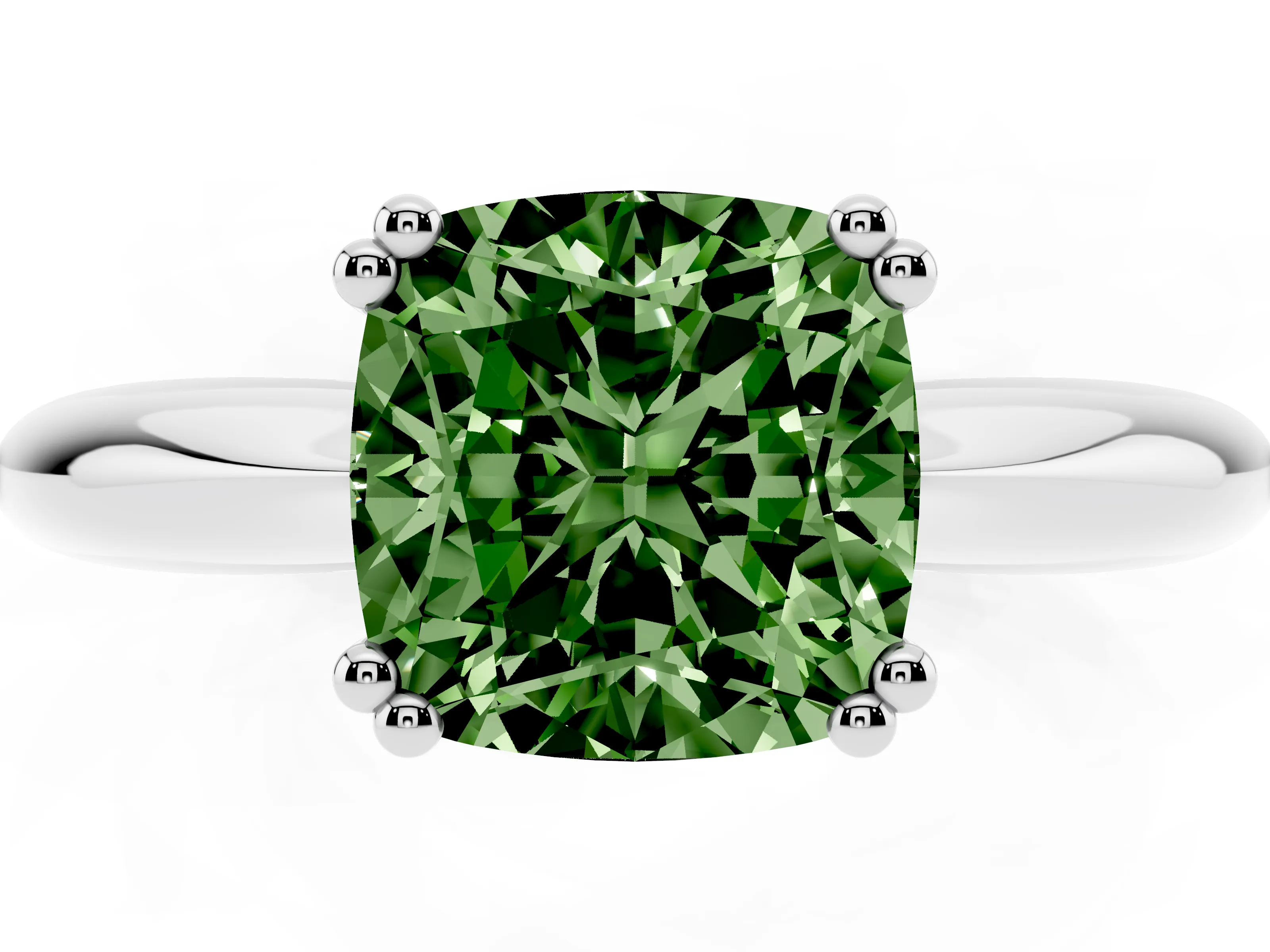 Fancy Green Cushion Cut Diamond Solitaire Engagement Ring Set in White gold with Tapered Band and Prong Setting