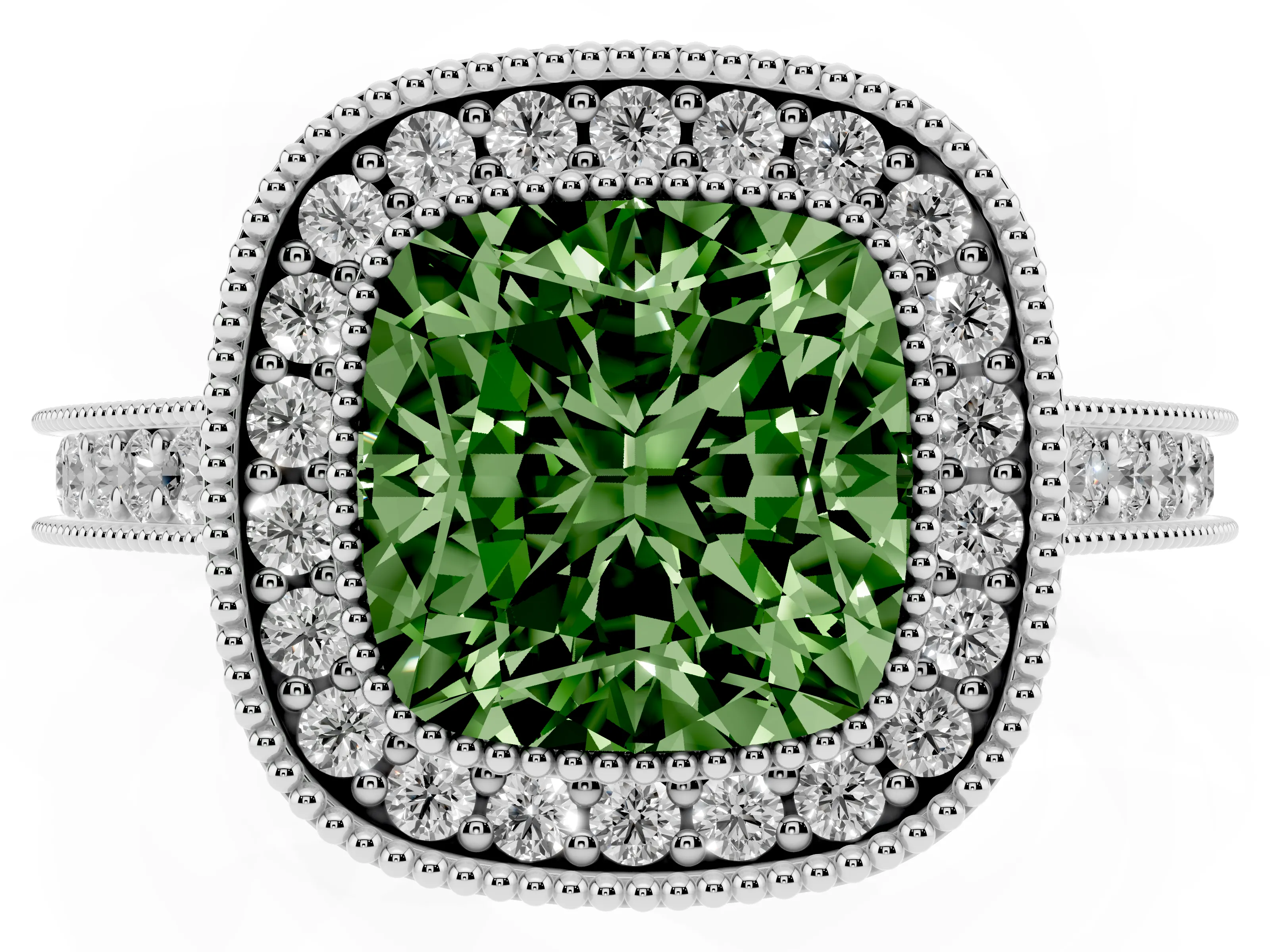 Fancy Green Cushion Cut Diamond Halo Milgrain Pavé Band Ring Set in Platinum with Prong Setting