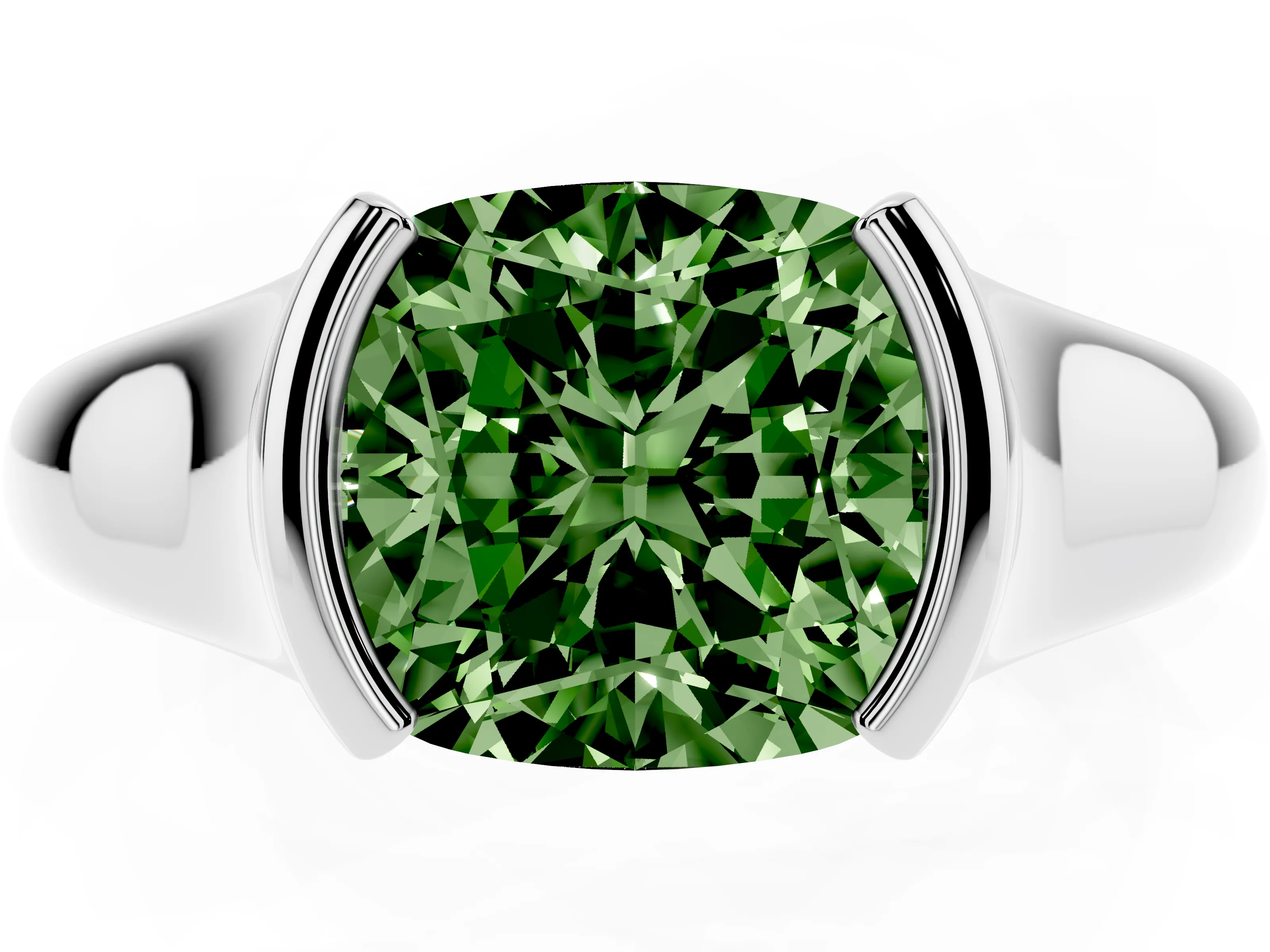 Fancy Green Cushion Cut Diamond Solitaire Tension Set Ring Set in Silver with Split Shank Band