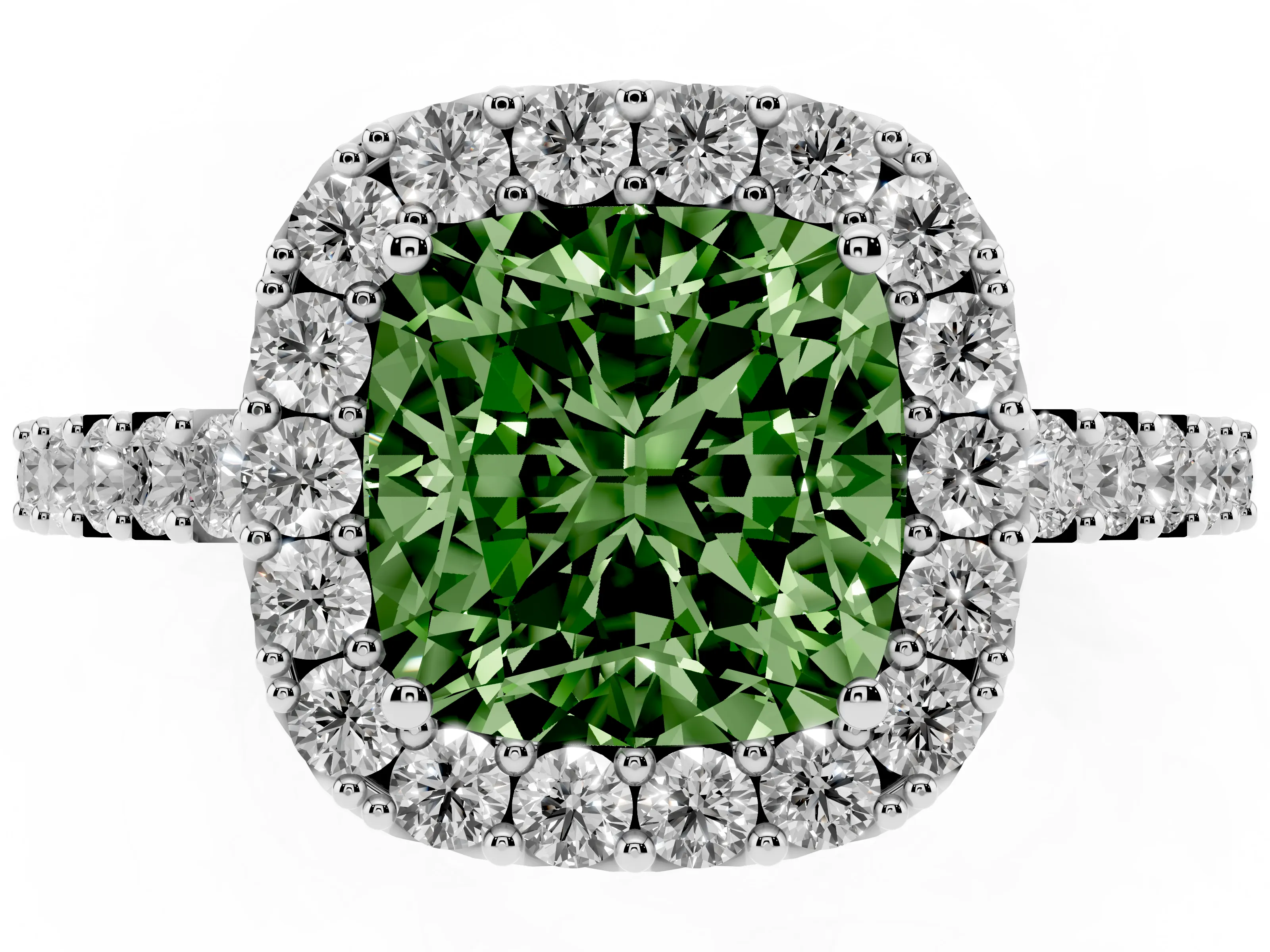 Fancy Green Cushion Cut Diamond Halo Pavé Solitaire Ring Set in Silver with Prong-Set Center Stone