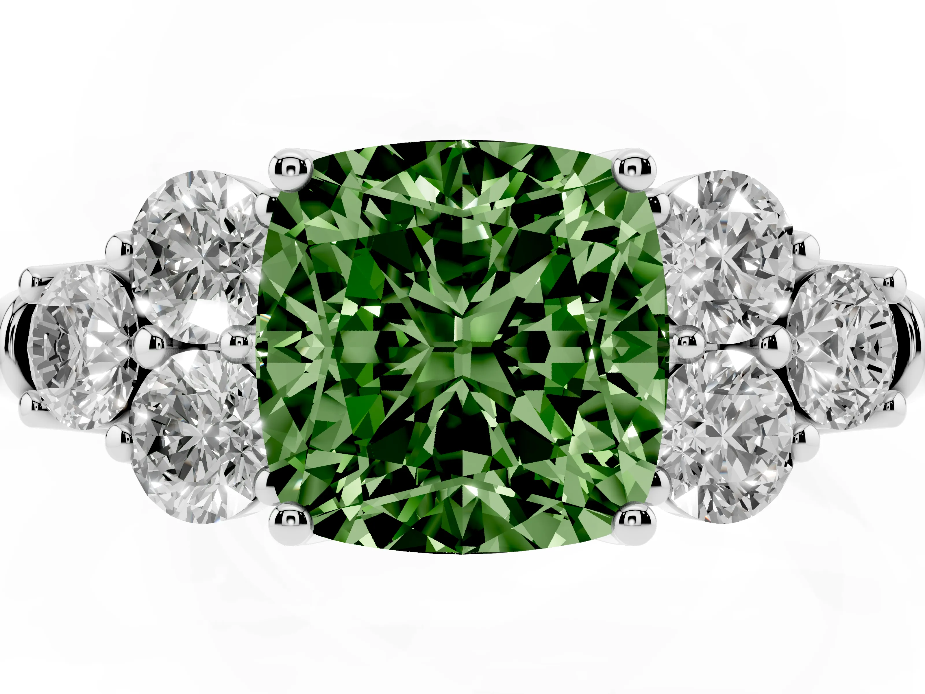 Fancy Green Cushion Cut Diamond Cluster Ring Set in White gold with Round Accent Stones and Prong Setting on a Plain Band