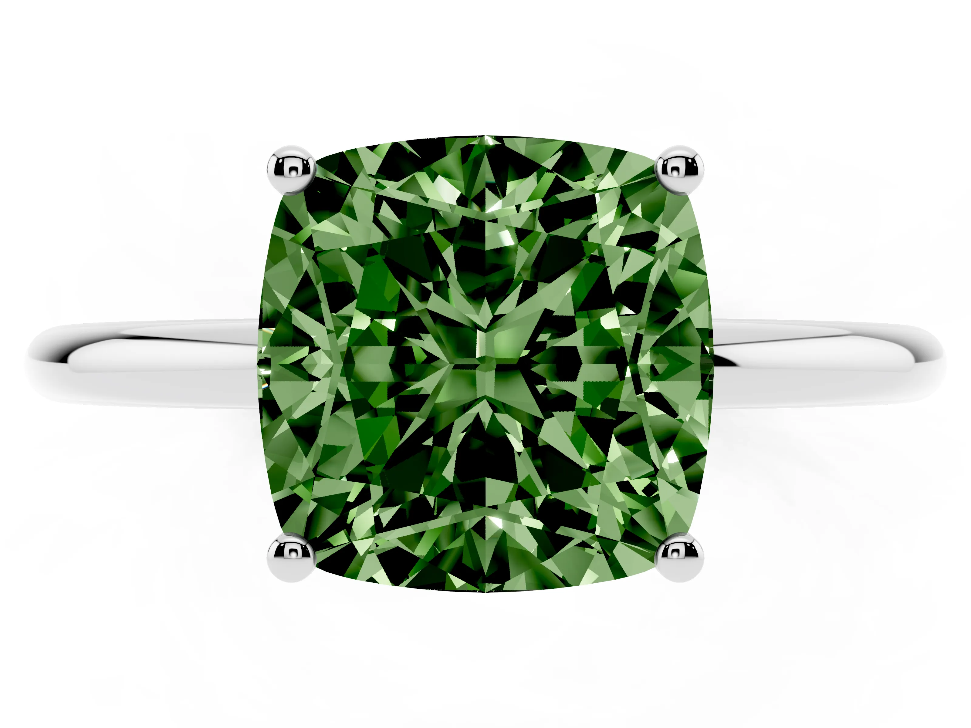 Fancy Green Cushion Cut Diamond Solitaire Engagement Ring Set in White gold with Thin Band and Prong Setting
