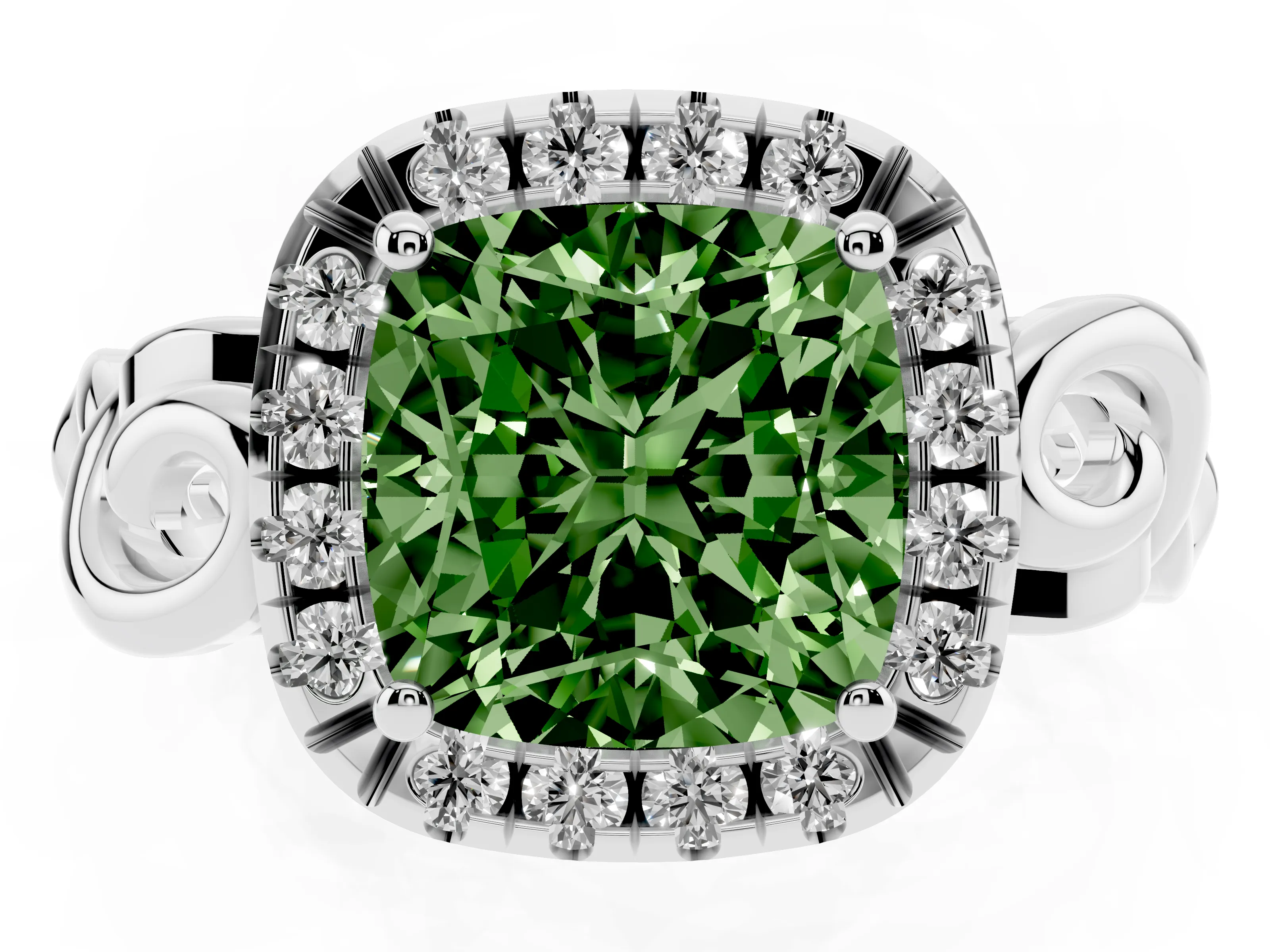 Fancy Green Cushion Cut Diamond Halo Ring Set in Platinum with Scrollwork Band and Prong Setting