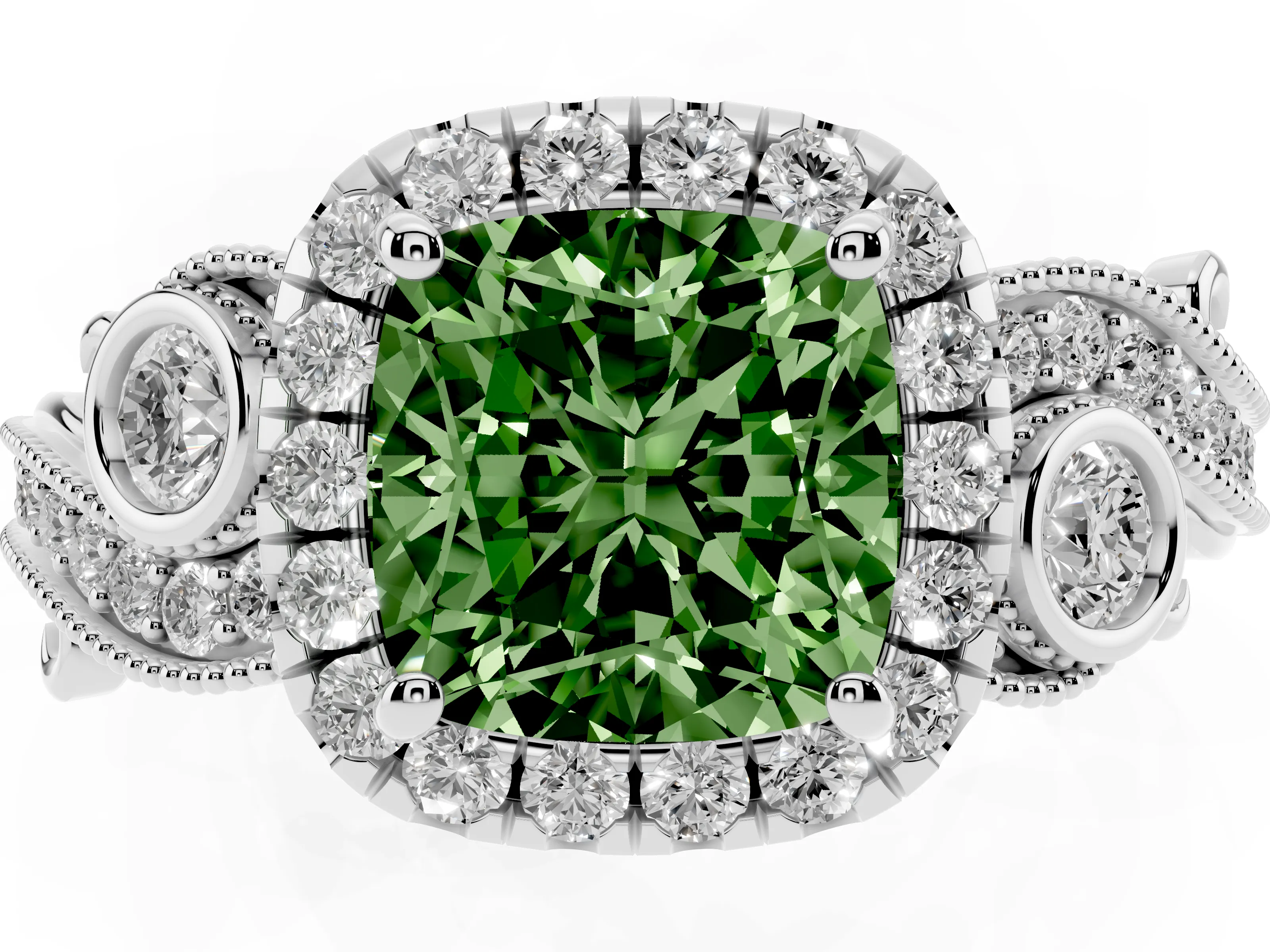 Fancy Green Cushion Cut Diamond Halo Ring Set in White gold with Milgrain Pavé Band and Prong Setting