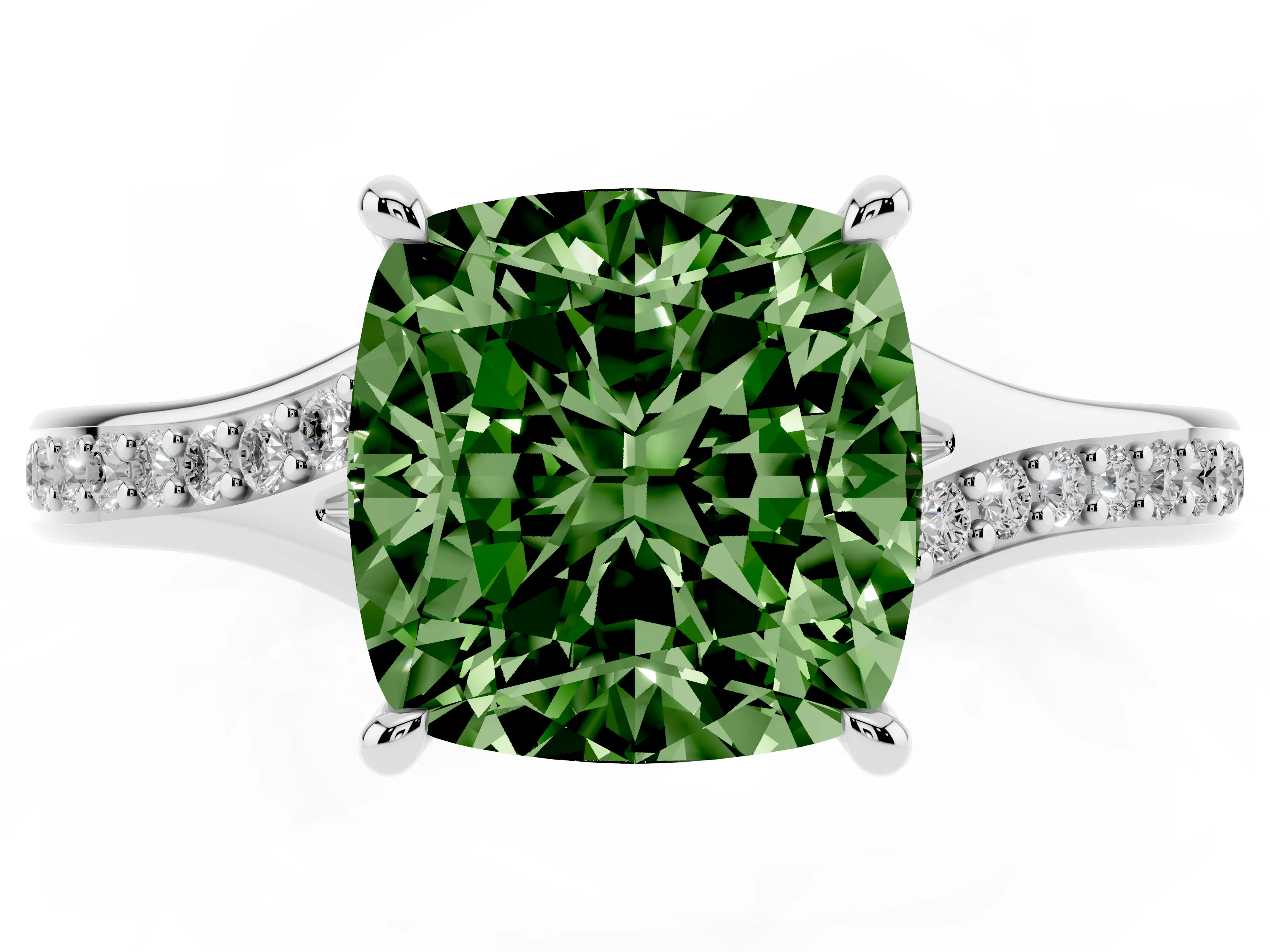 Fancy Green Cushion Cut Diamond Solitaire Ring Set in Silver with Pavé Accent Band and Classic Prong Setting
