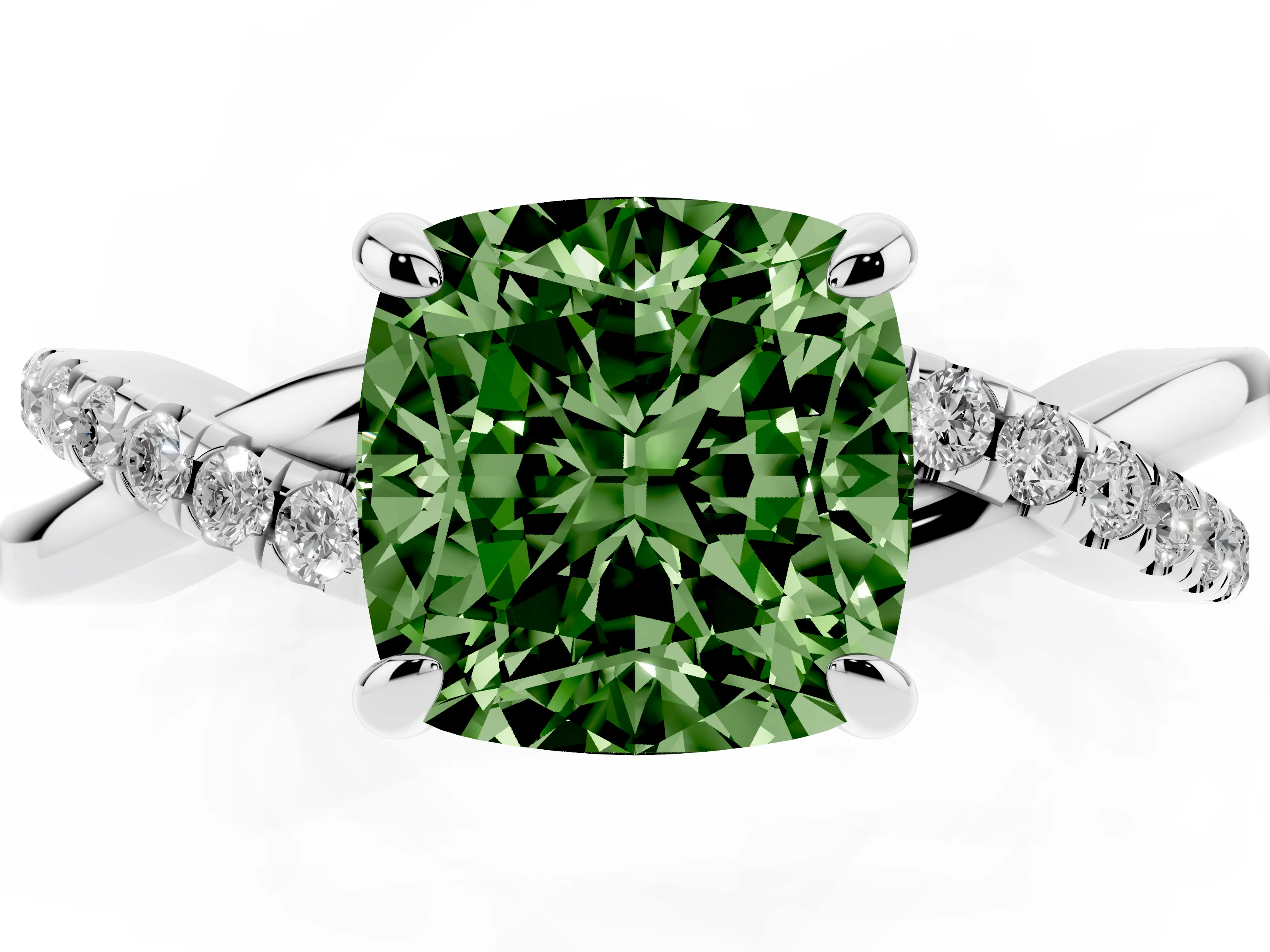 Fancy Green Cushion Cut Diamond Twist Band Pavé Solitaire Ring Set in Silver with Prong Setting