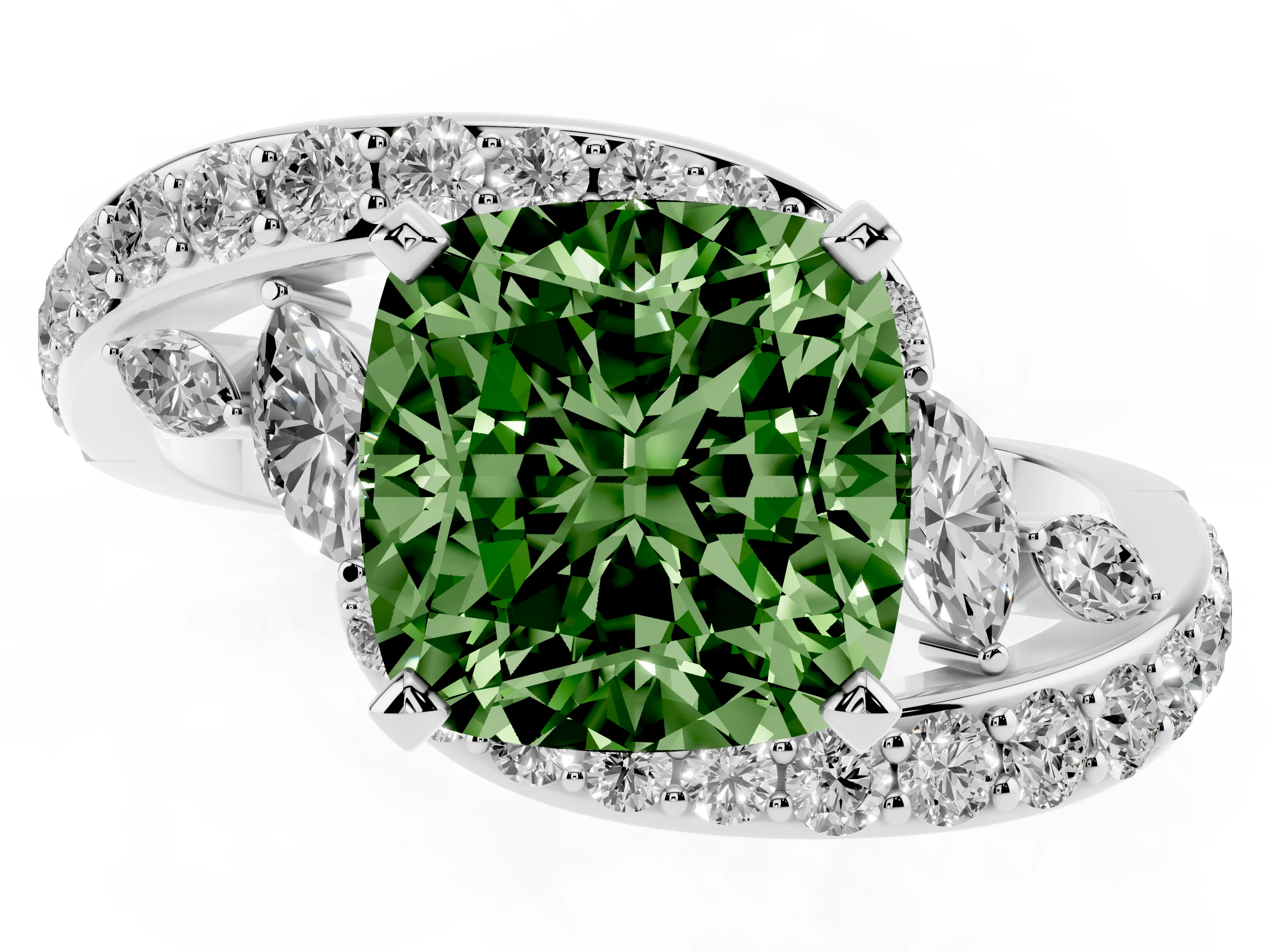 Fancy Green Cushion Cut Diamond Solitaire Ring Set in Silver with Pavé Twist Band and Secure Prong Setting