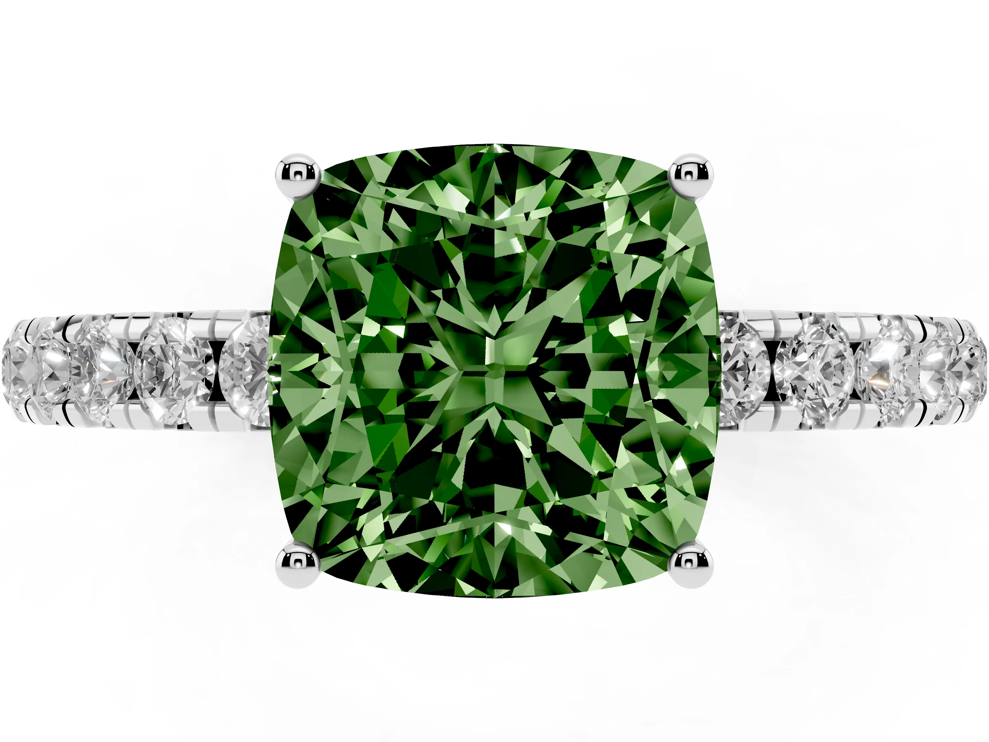 Fancy Green Cushion Cut Diamond Pavé Solitaire Engagement Ring Set in Platinum with Prong Setting