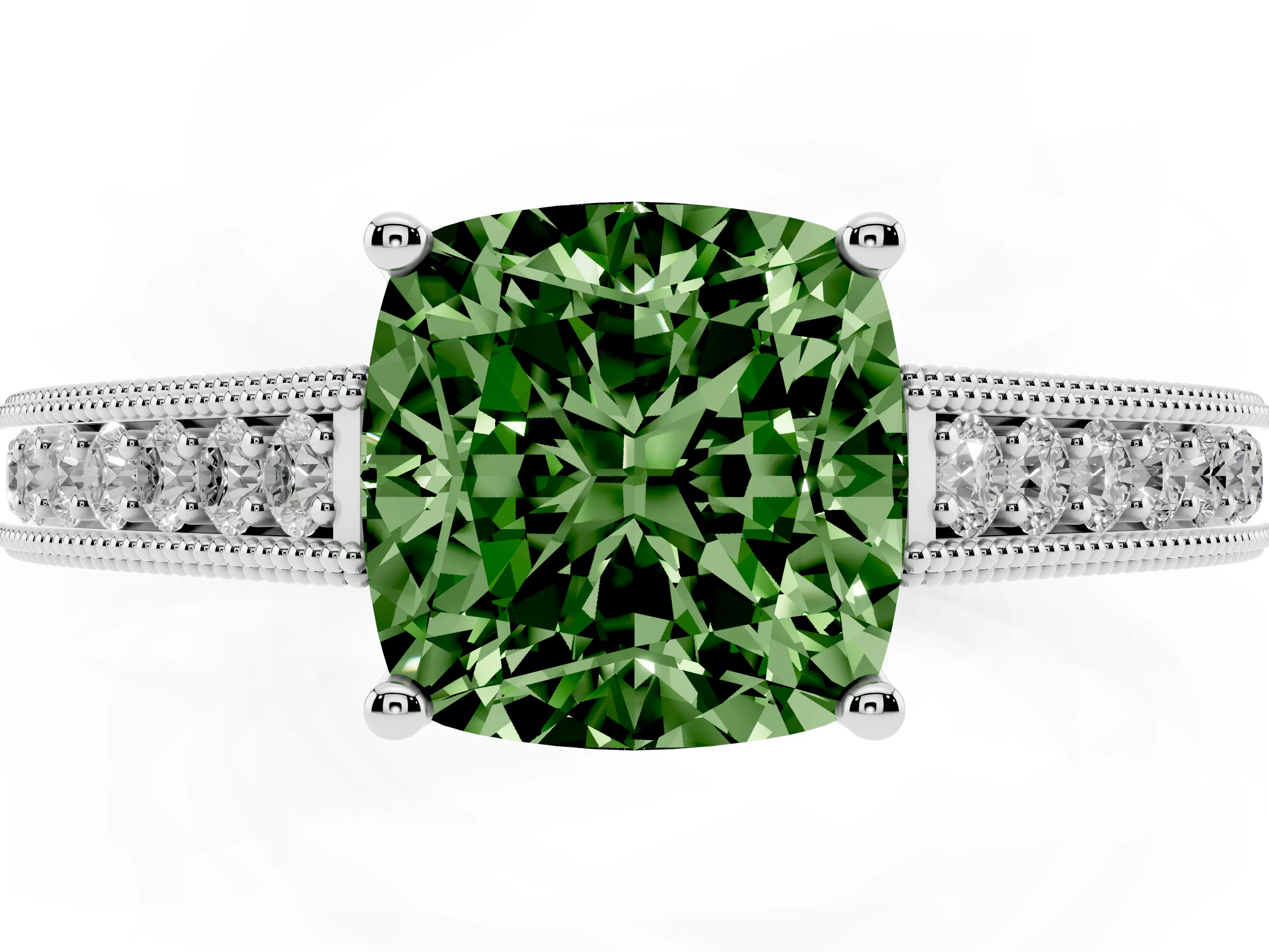 Fancy Green Cushion Cut Diamond Milgrain Pavé Band Solitaire Ring Set in White gold with Prong Setting