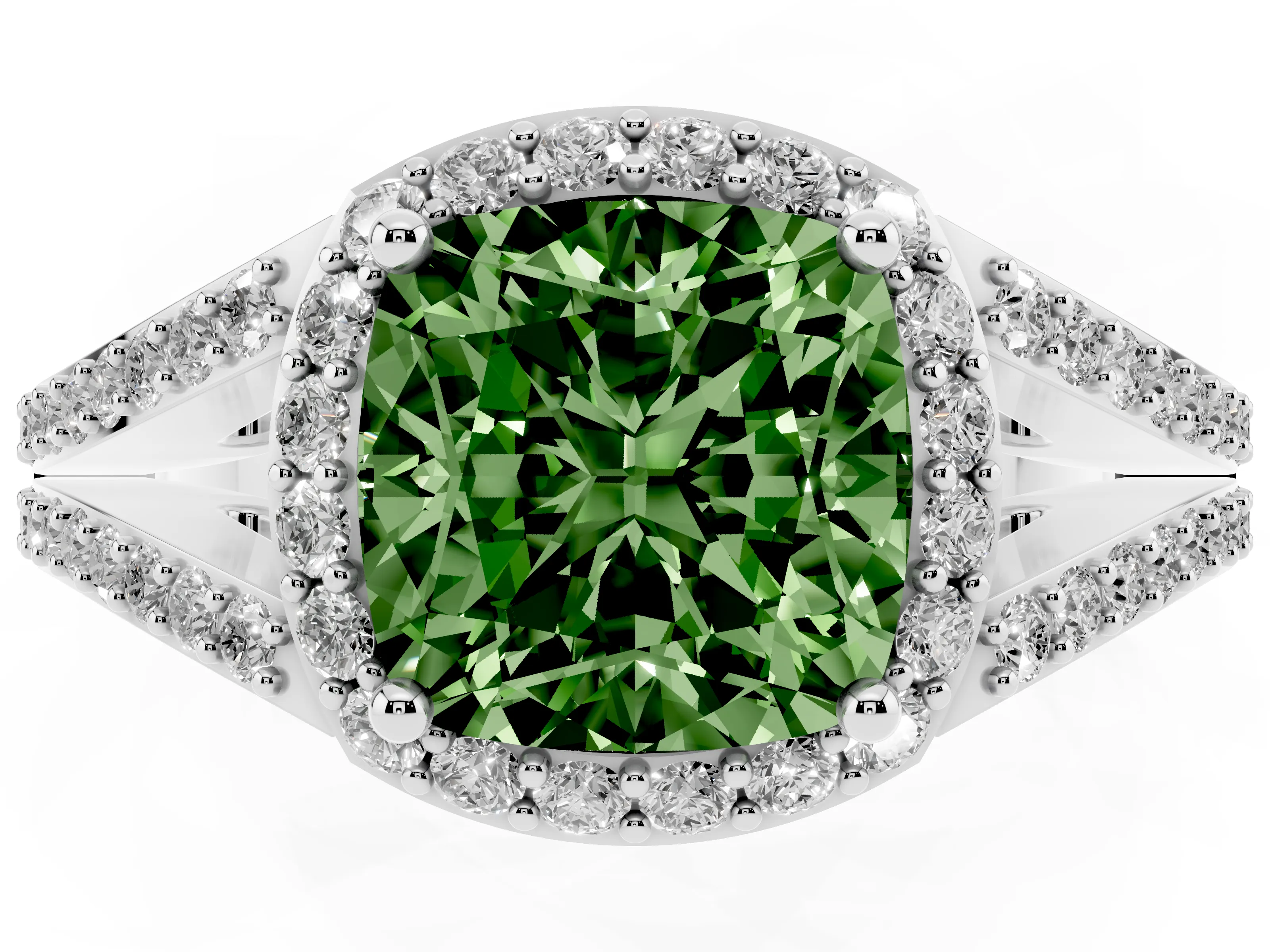 Fancy Green Cushion Cut Diamond Halo Split Shank Ring Set in White gold with Accent Stones and Prong Setting