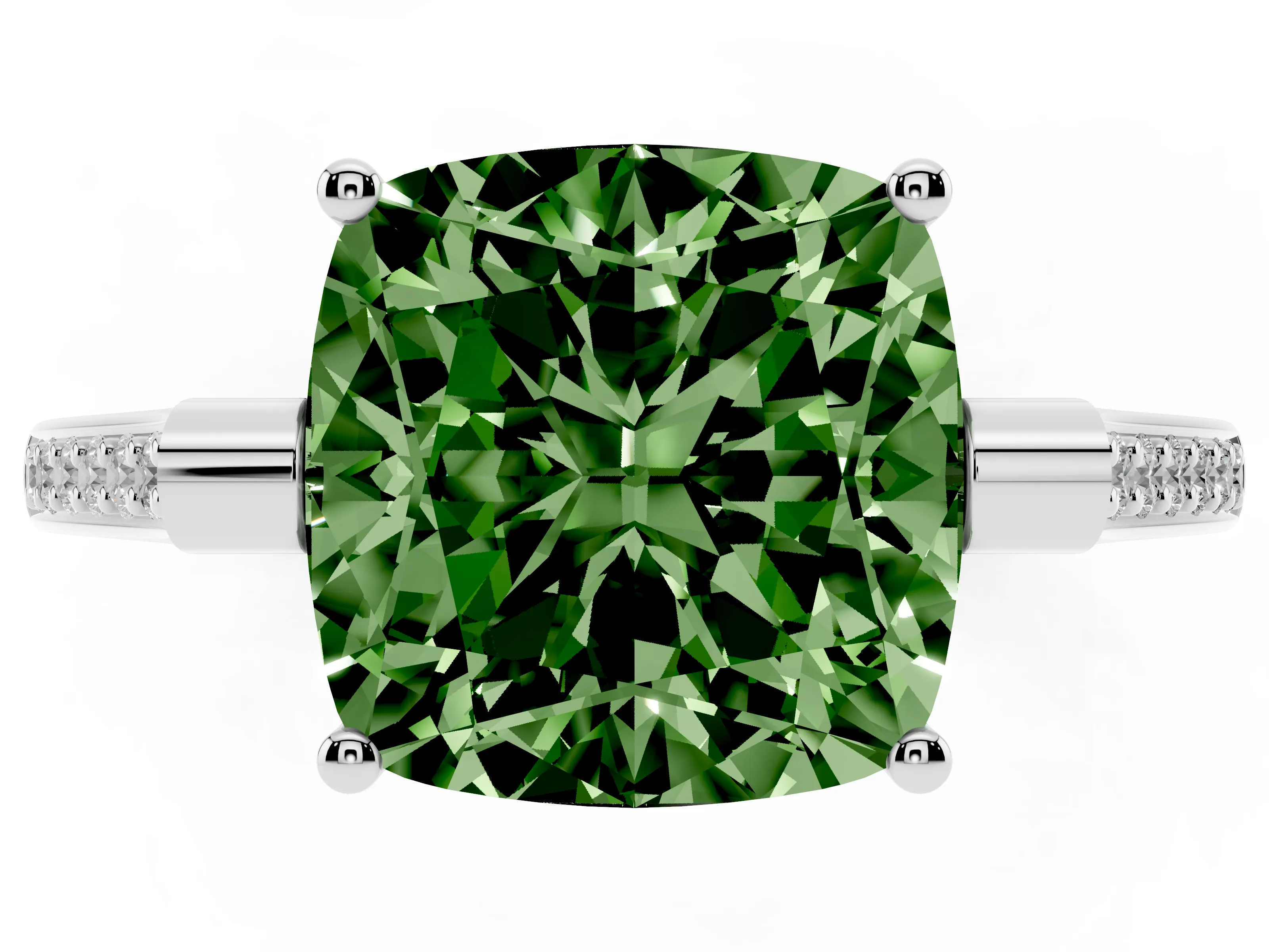 Fancy Green Cushion Cut Diamond Solitaire Ring Set in White gold with Channel Set Band and Bezel Prong Setting