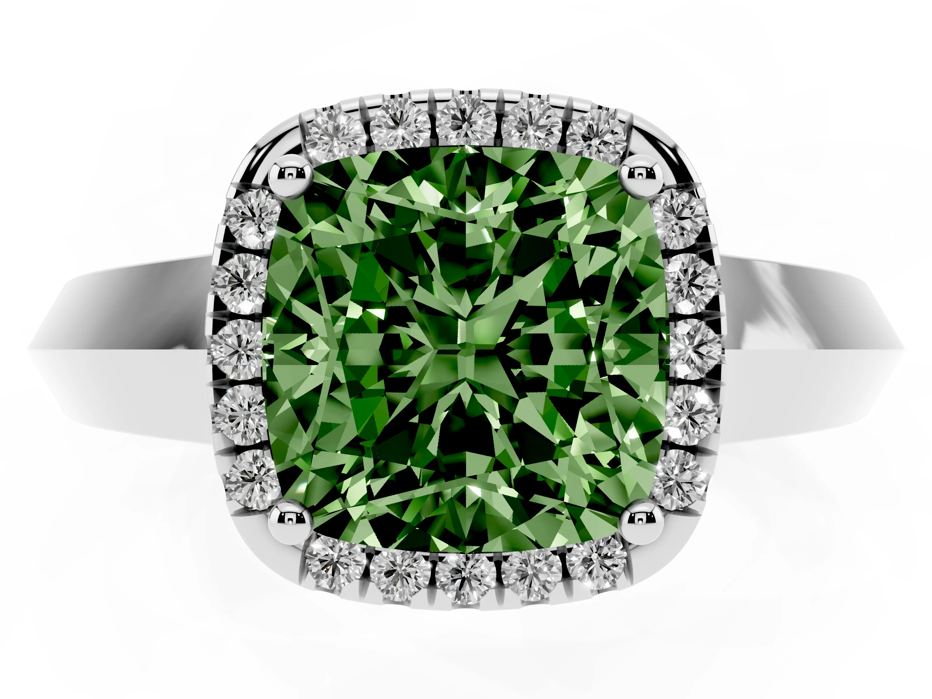 Fancy Green Cushion Cut Diamond Halo Ring Set in White gold with Cathedral Band and Prong Setting