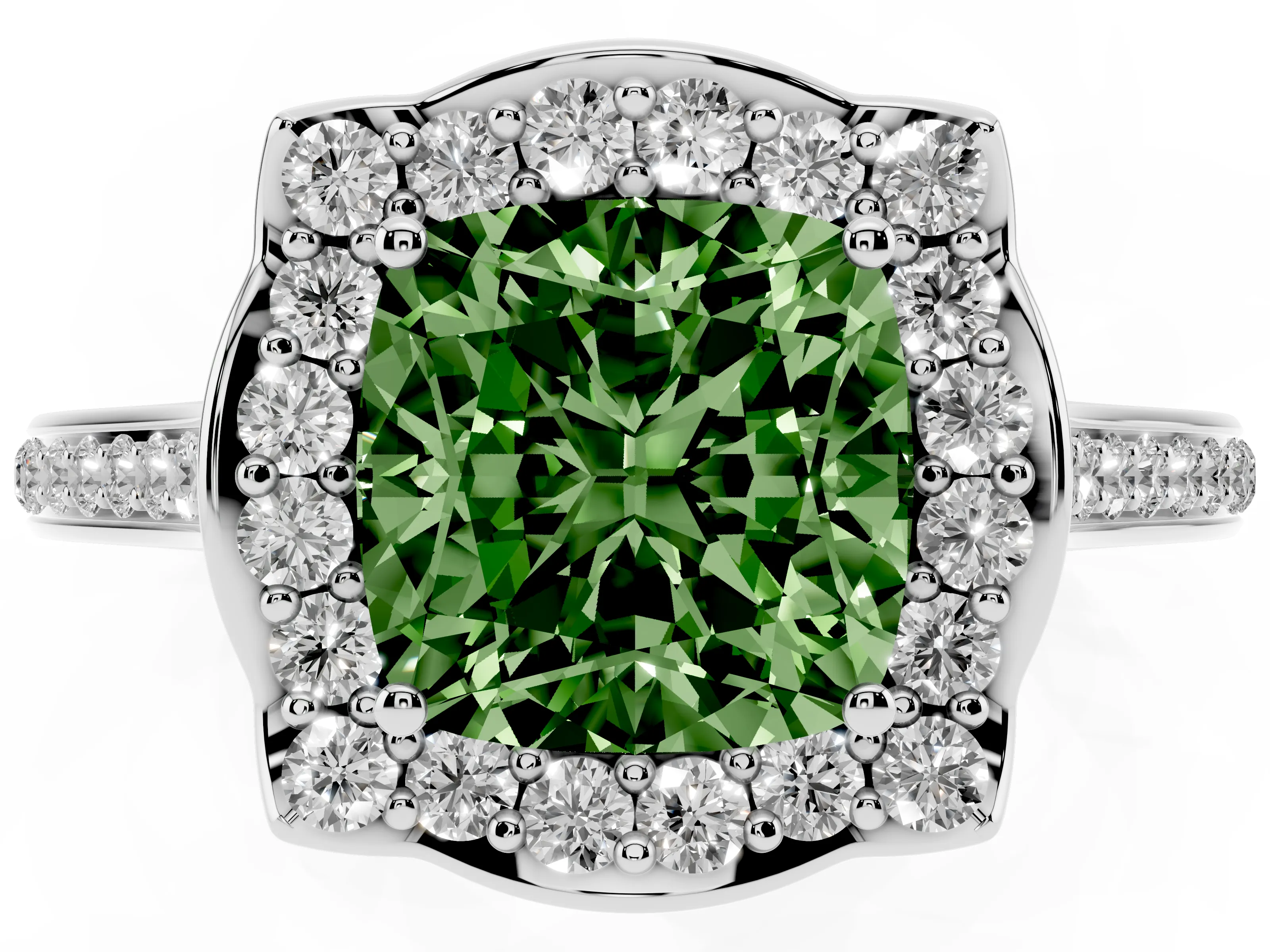 Fancy Green Cushion Cut Diamond Halo Ring Set in White gold with Pavé-Lined Shoulders and Prong Setting