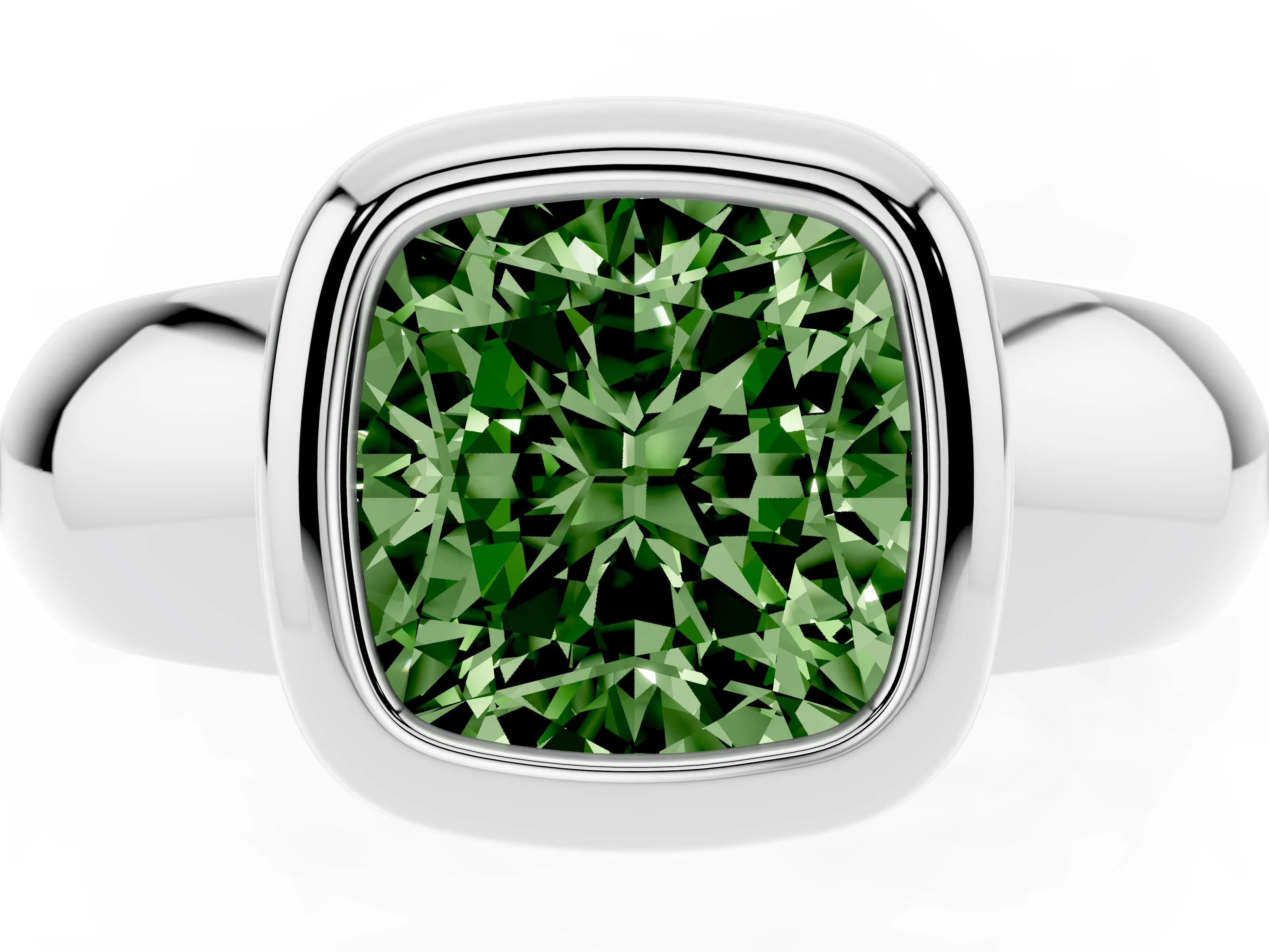 Fancy Green Bezel Set Cushion Cut Diamond Solitaire Ring Set in Silver with Wide Band