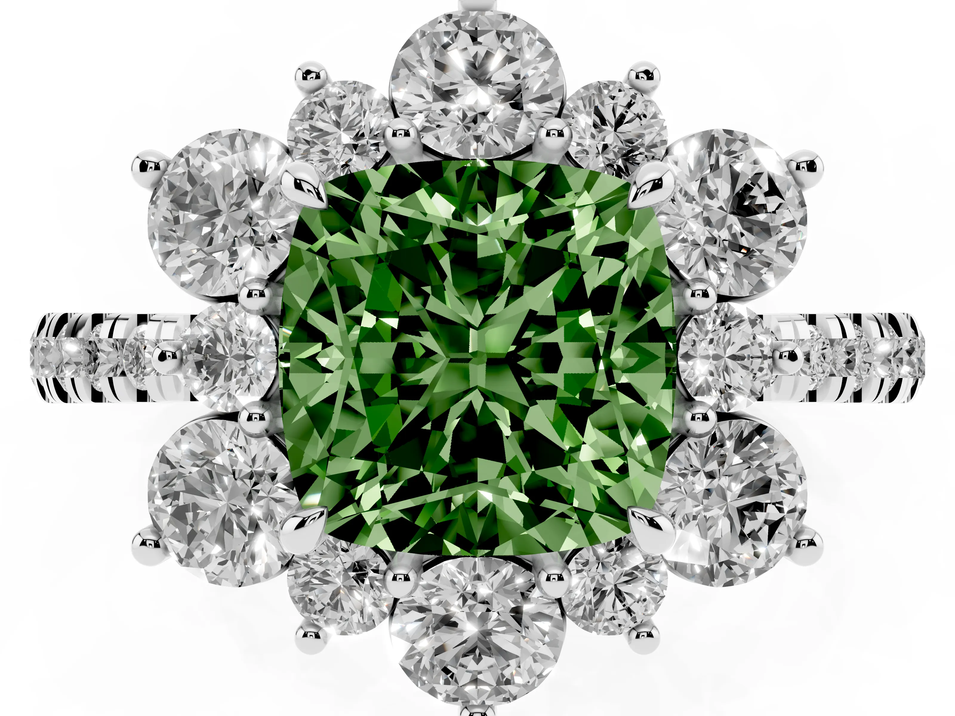 Fancy Green Cushion Cut Diamond Floral Halo Ring Set in Platinum with Round Pavé Band and Prong Setting