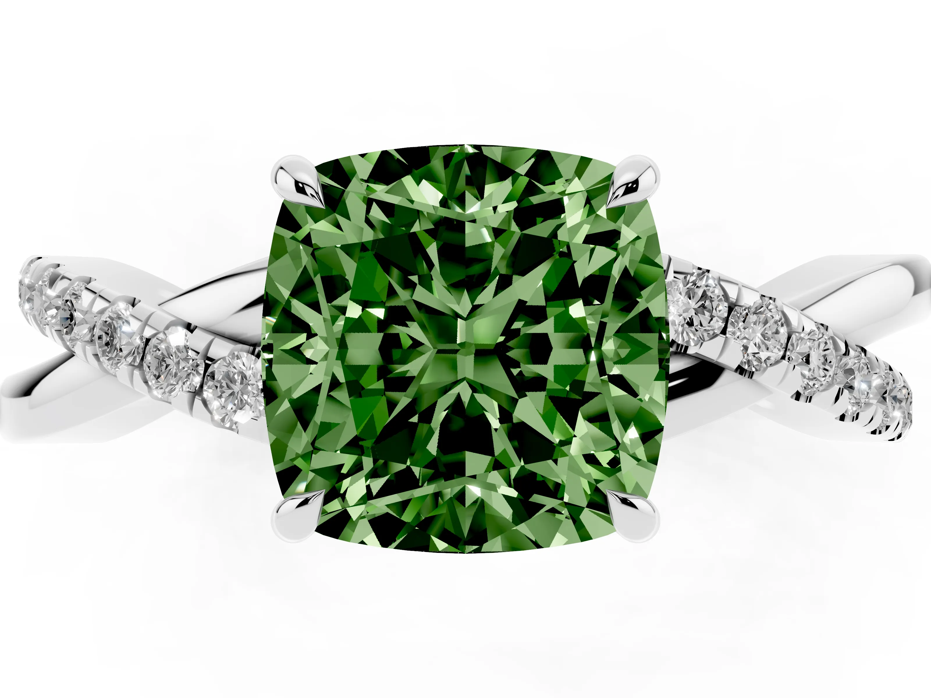 Fancy Green Cushion Cut Diamond Twisted Pavé Band Ring Set in White gold with Prong Setting