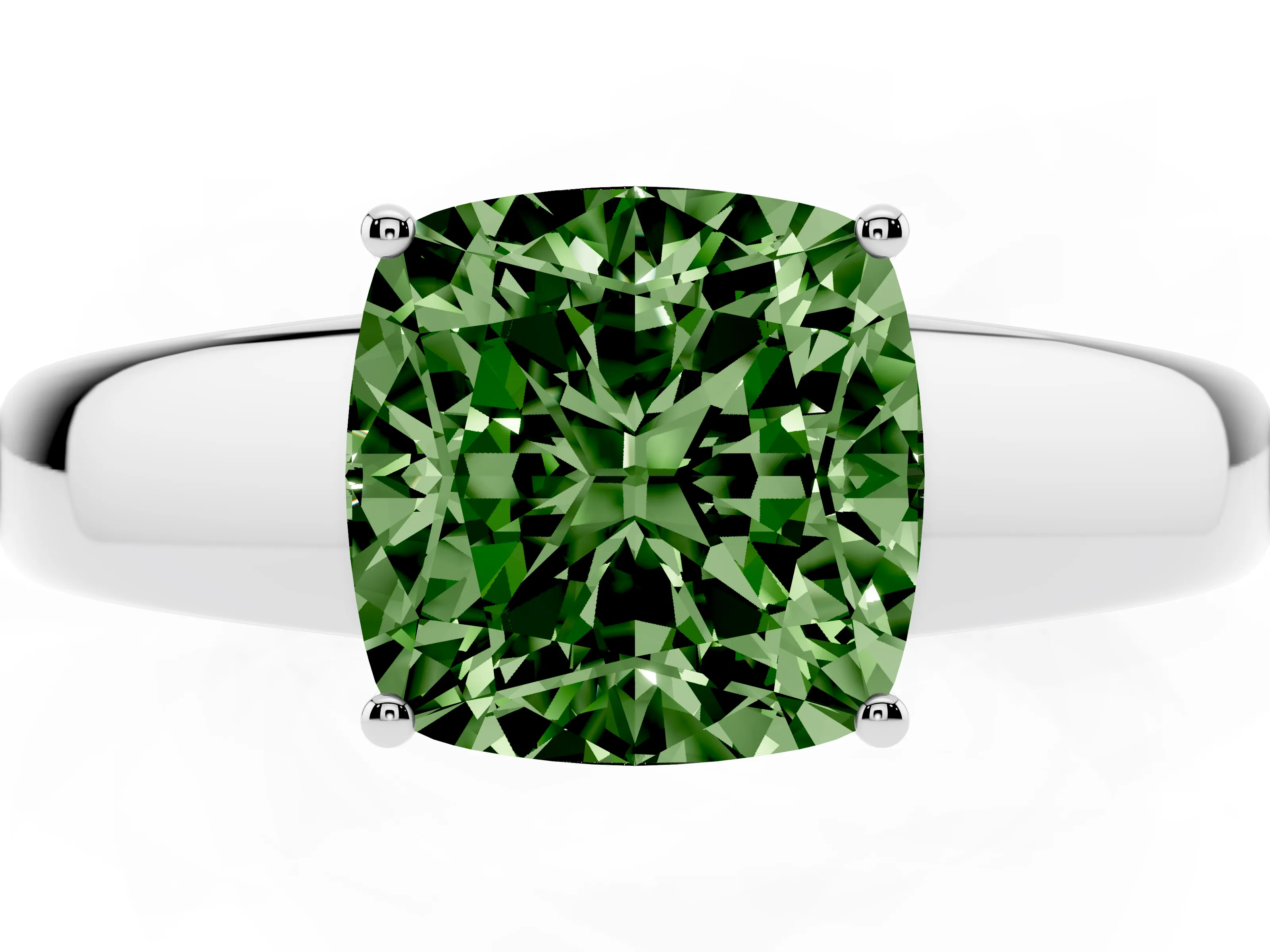Fancy Green Cushion Cut Diamond Solitaire Ring Set in White gold with Tapered Band and Prong Setting