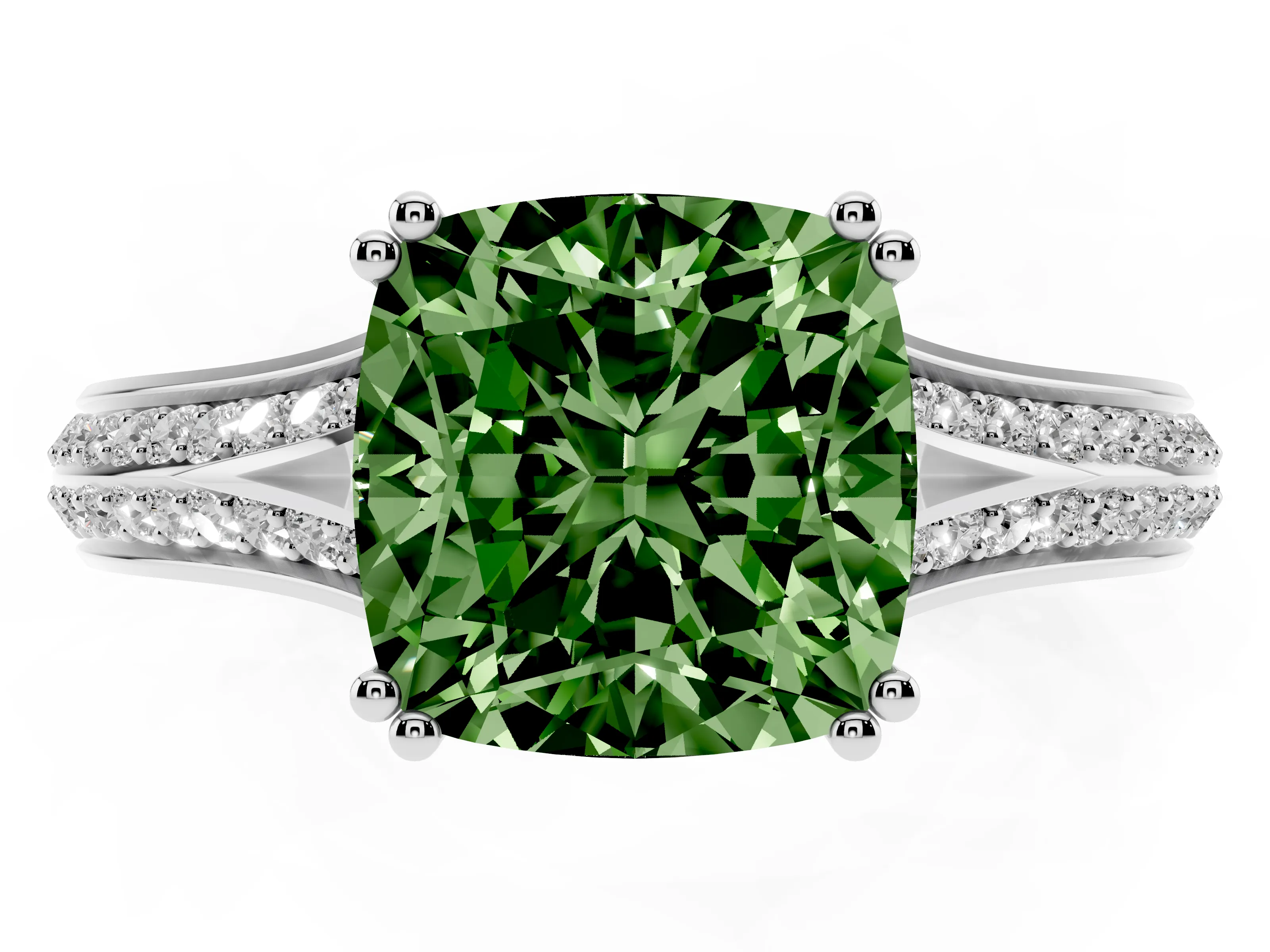 Fancy Green Cushion Cut Diamond Split Shank Pavé Engagement Ring Set in Platinum with Prong-Set Center Stone