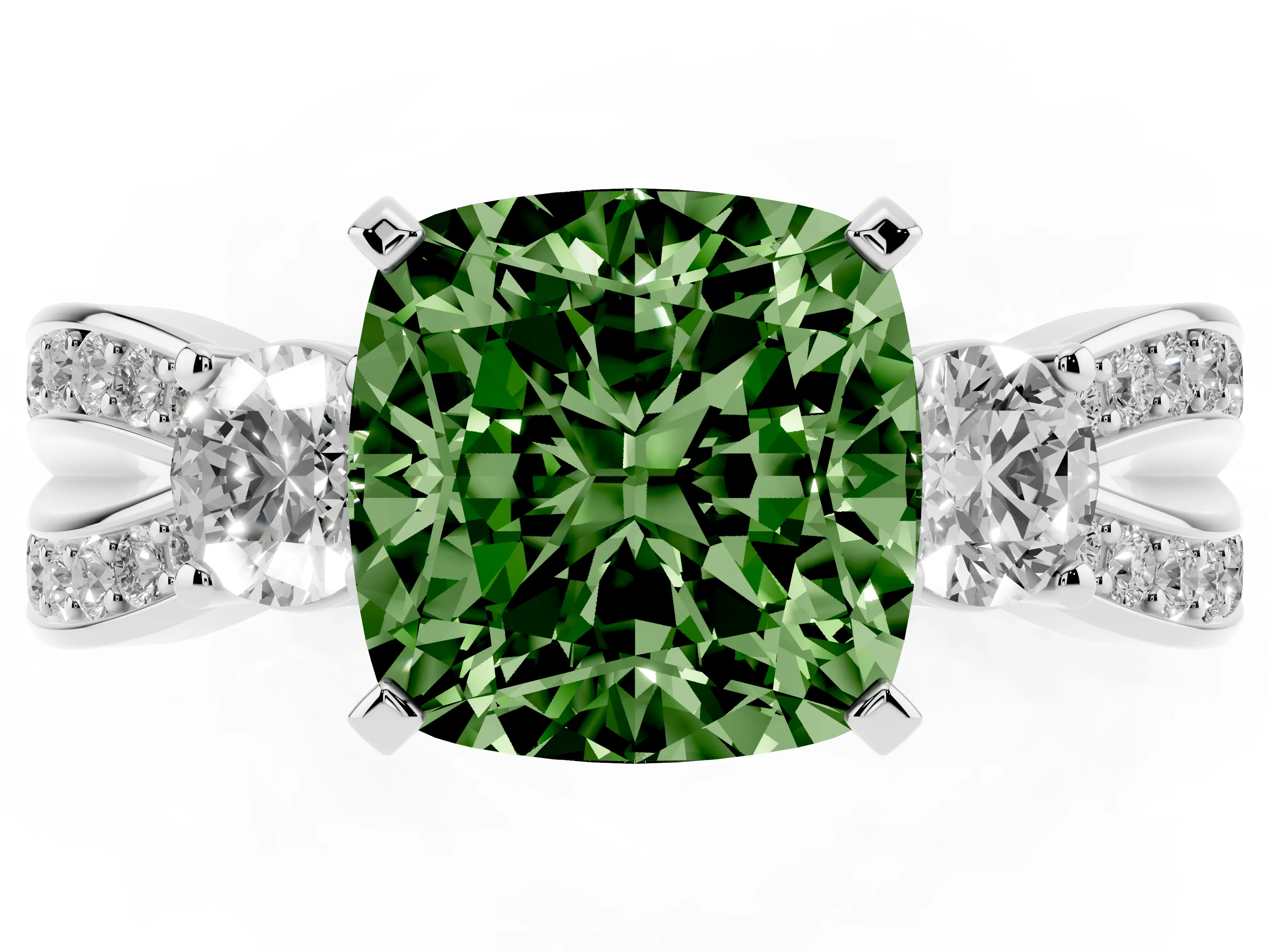 Fancy Green Three-Stone Cushion Cut Diamond Twist Band Ring Set in Silver with Pavé Accents and Prong Setting