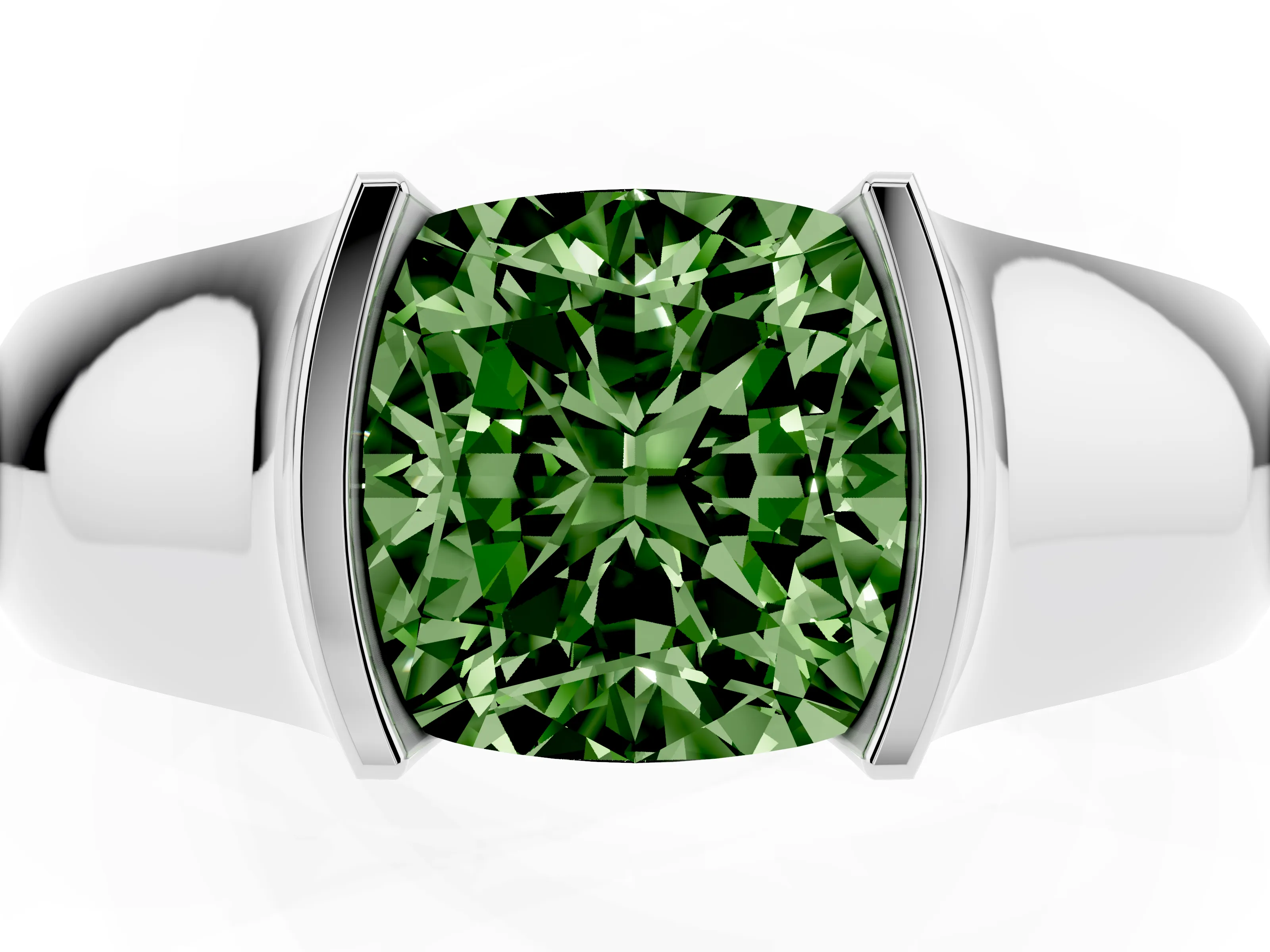 Fancy Green Cushion Cut Diamond Bezel Solitaire Ring Set in Platinum with Wide Band