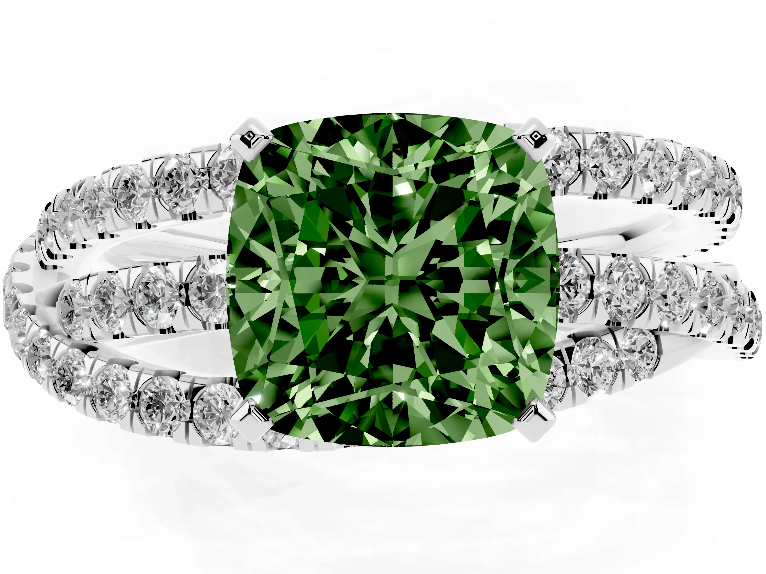 Fancy Green Cushion Cut Diamond Solitaire Twist Band Ring Set in White gold with Pavé Setting and Prong Head