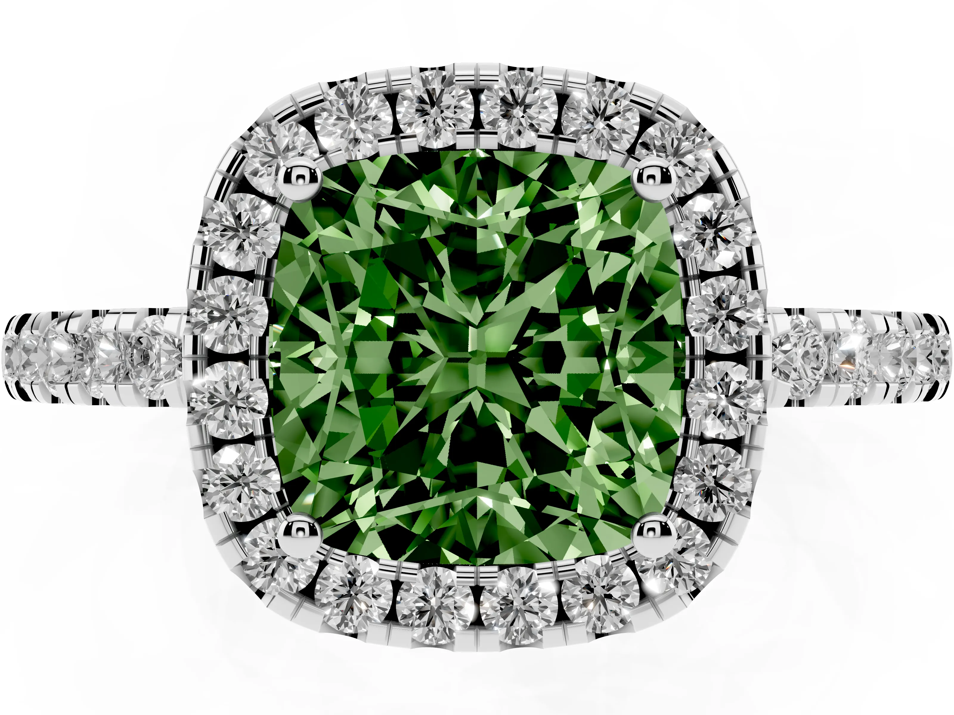 Fancy Green Cushion Cut Diamond Pavé Band Halo Engagement Ring Set in Platinum with Prong Setting
