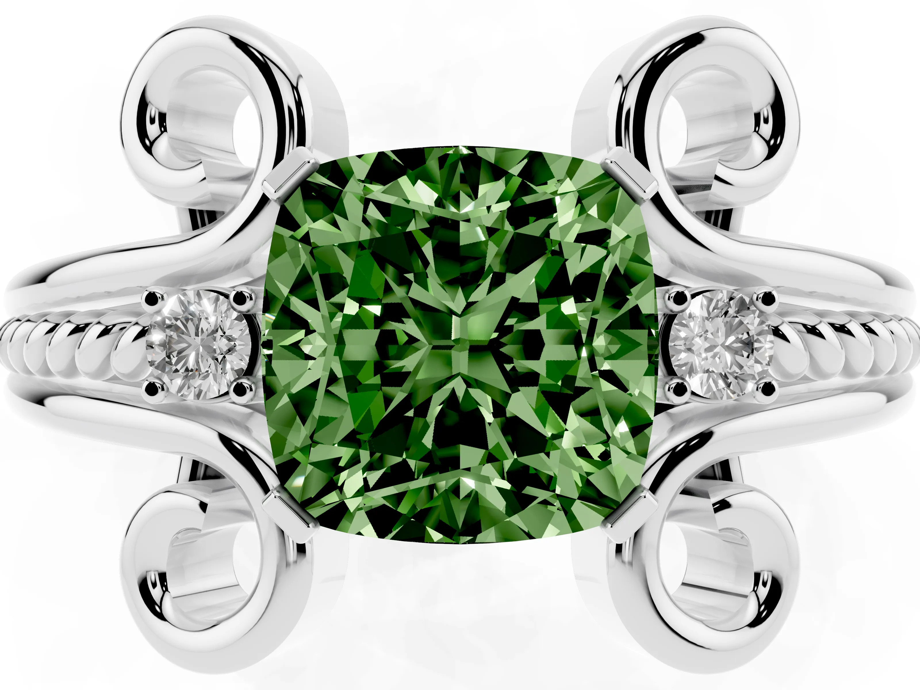 Fancy Green Cushion Cut Diamond Twisted Band Solitaire Ring Set in White gold with Scroll Prongs