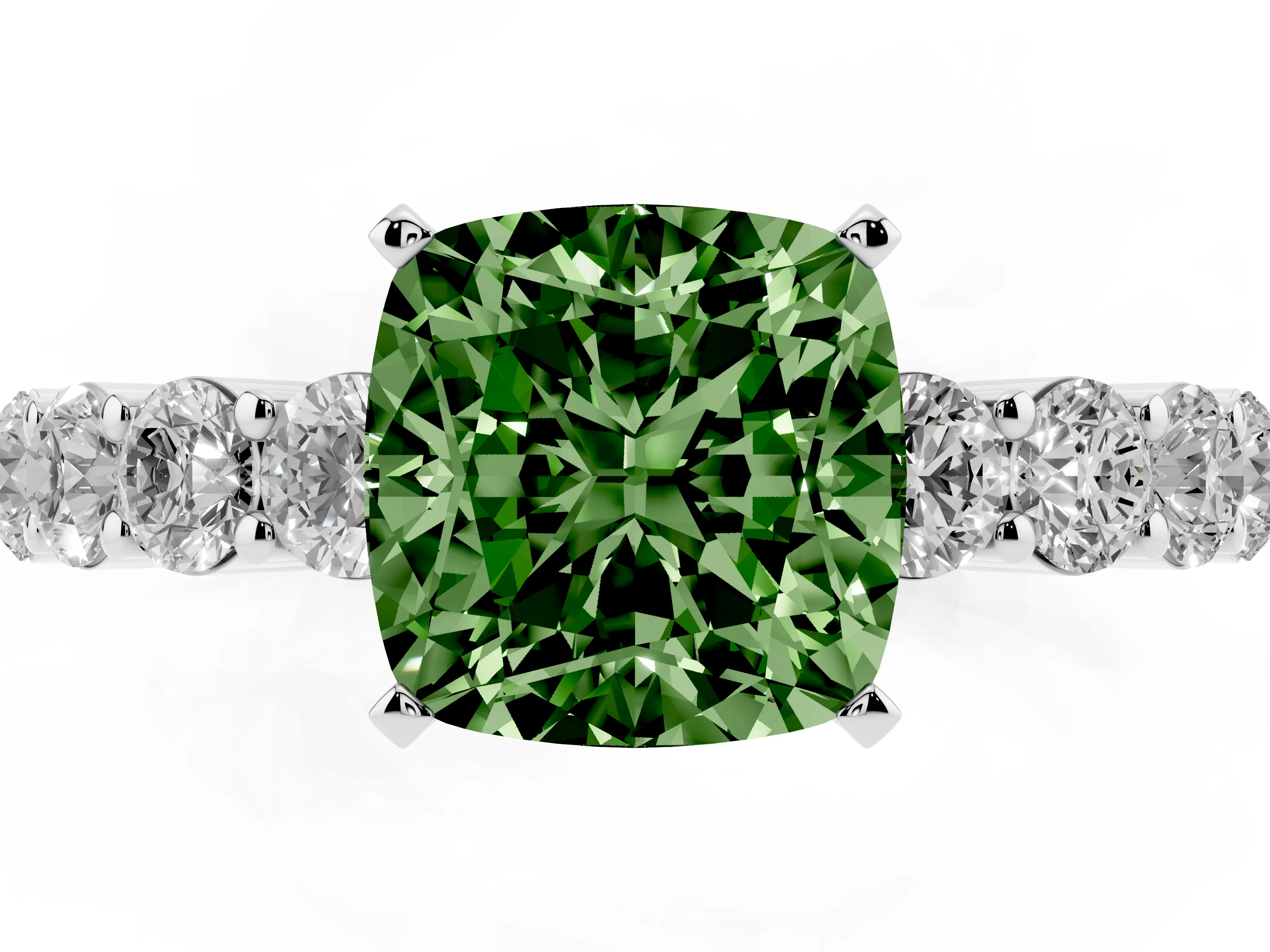 Fancy Green Cushion Cut Diamond Solitaire Ring Set in Silver with Shared Prong Round Side Stones