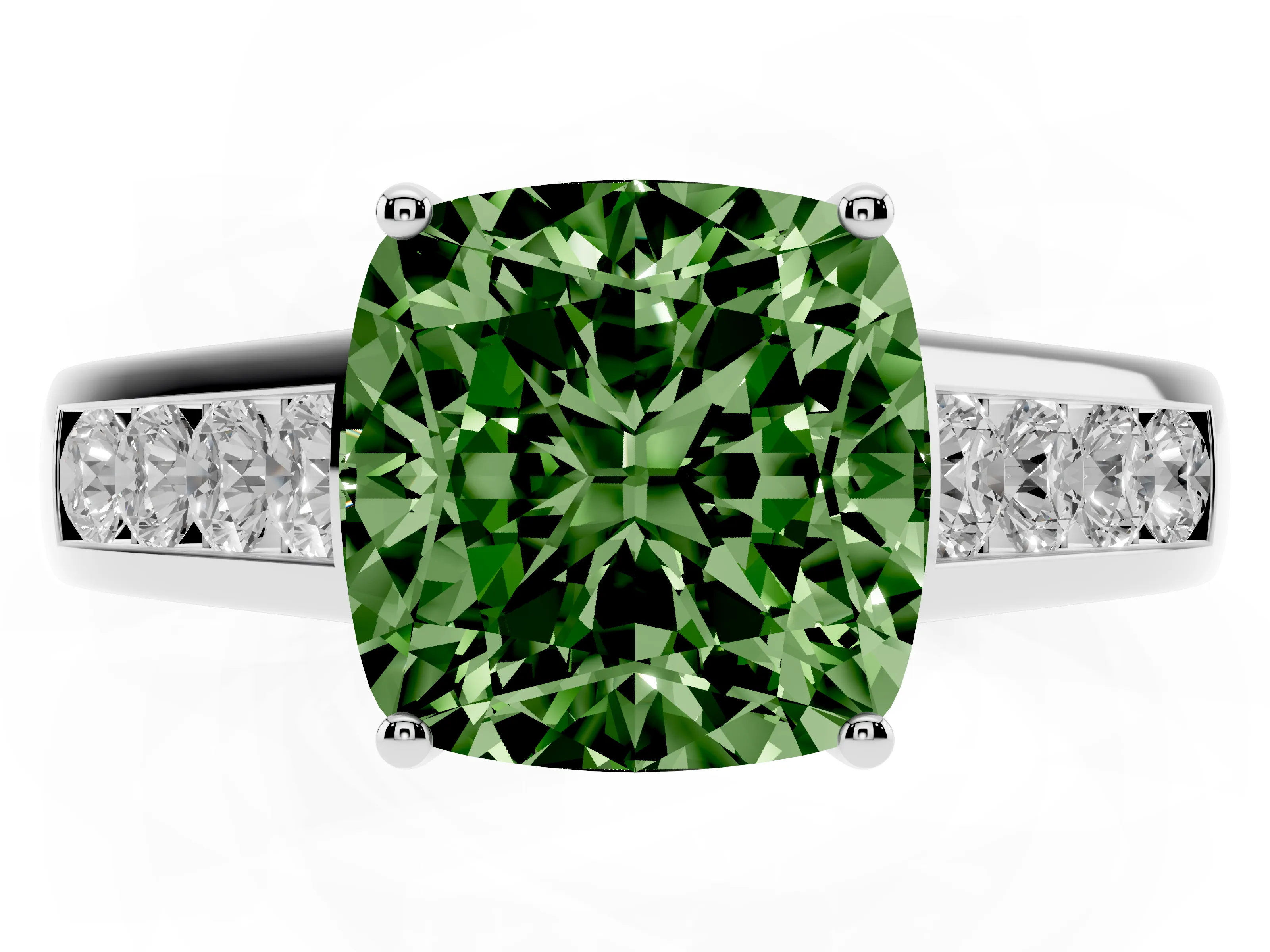 Fancy Green Cushion Cut Diamond Brilliant Channel-Set Solitaire Ring Set in Silver with Prong Setting