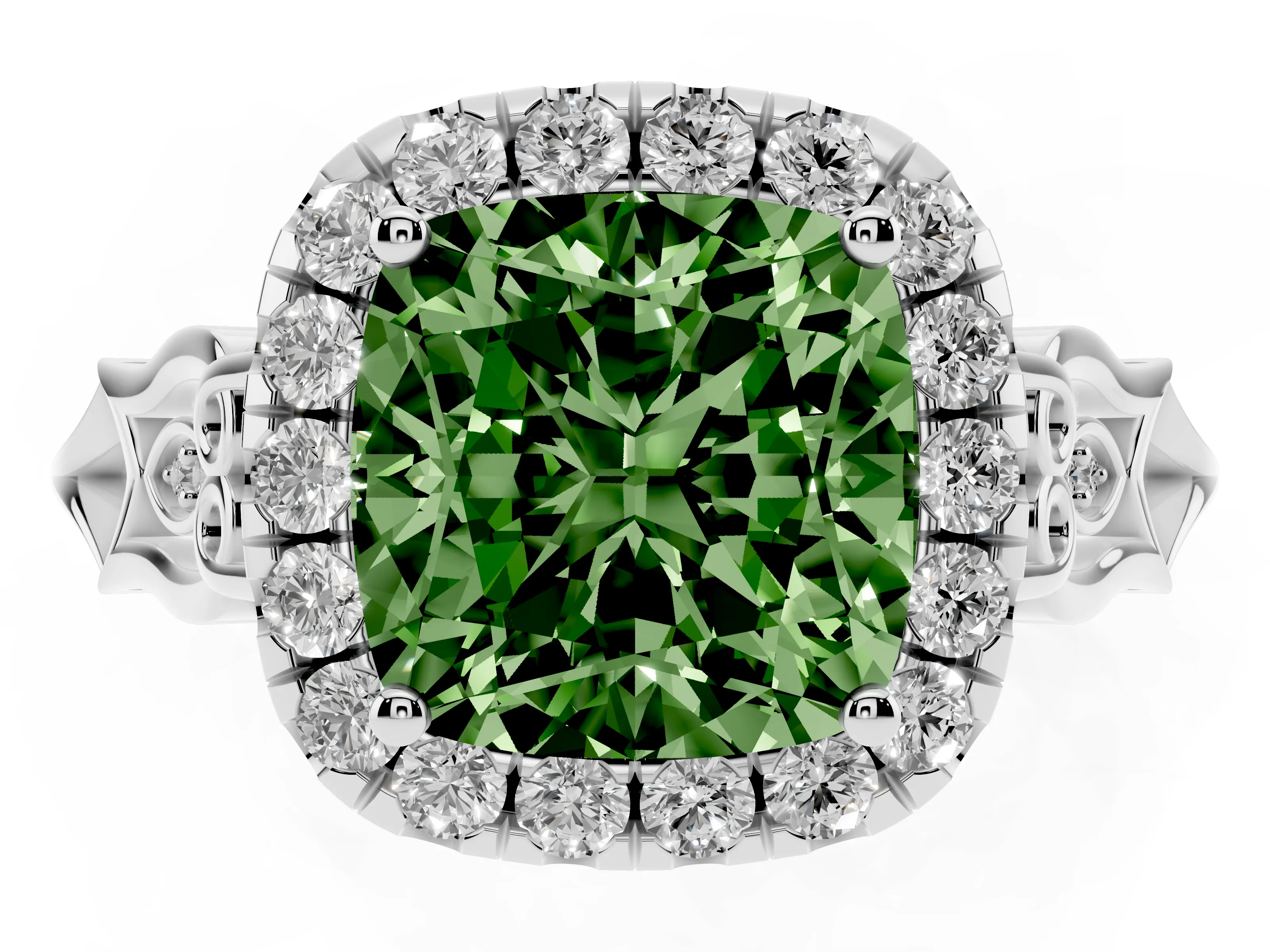 Fancy Green Cushion Cut Diamond Halo Engagement Ring Set in White gold with Filigree Band and Prong-Set Center
