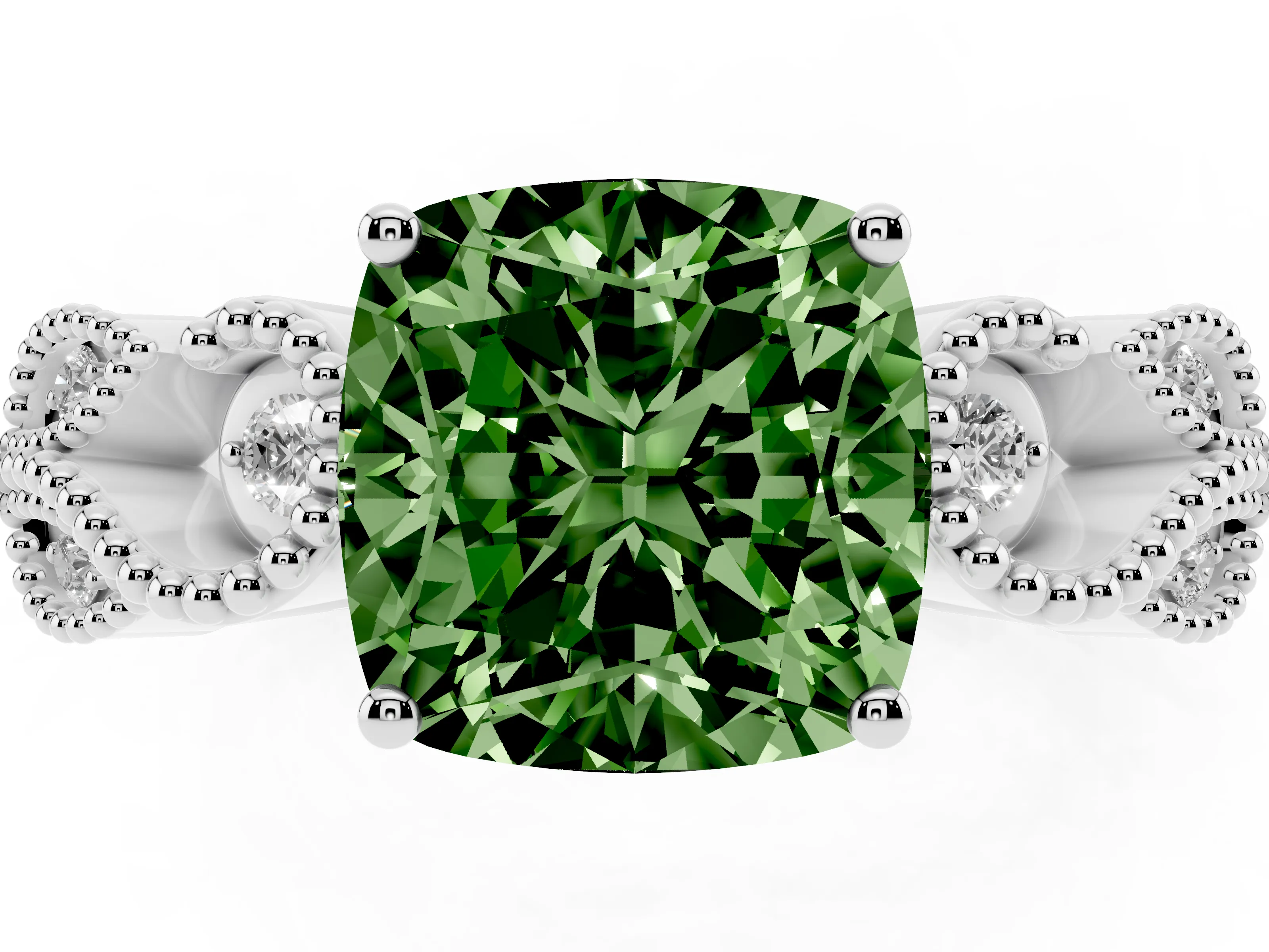 Fancy Green Cushion Cut Diamond Milgrain Leaf Band Solitaire Ring Set in White gold with Accent Stones and Prong Setting