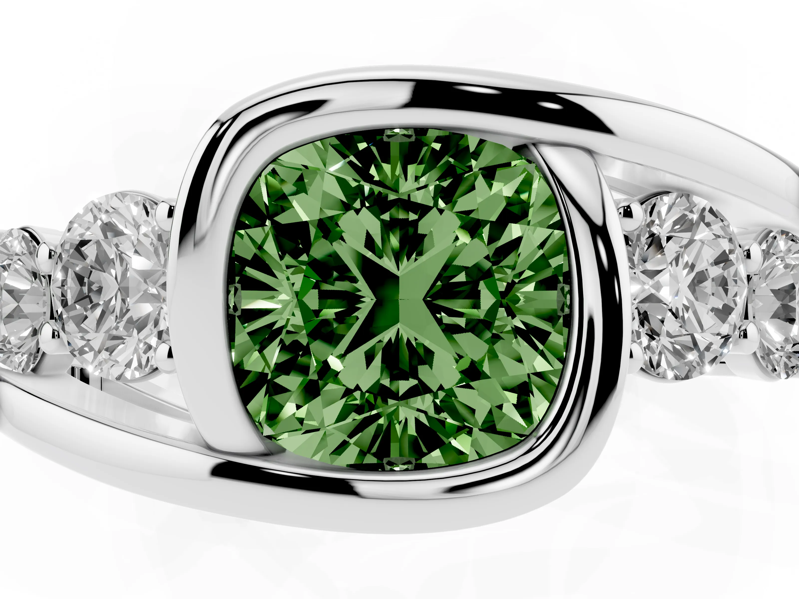 Fancy Green Cushion Cut Diamond Bezel Bypass Ring Set in Silver with Round Accents