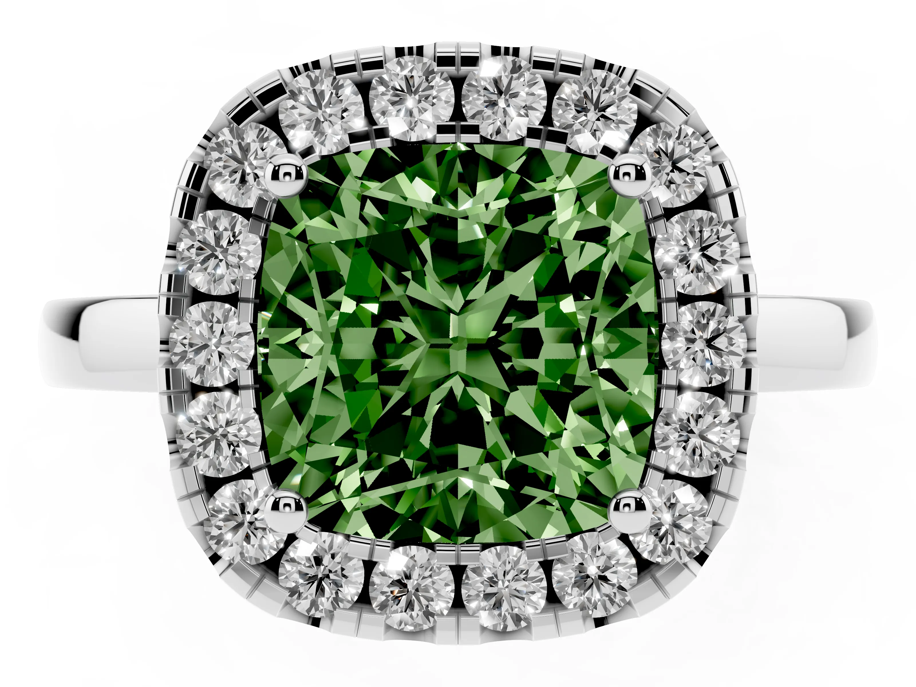 Fancy Green Cushion Cut Diamond Halo Solitaire Ring Set in Silver with Pavé Band and Prong Setting