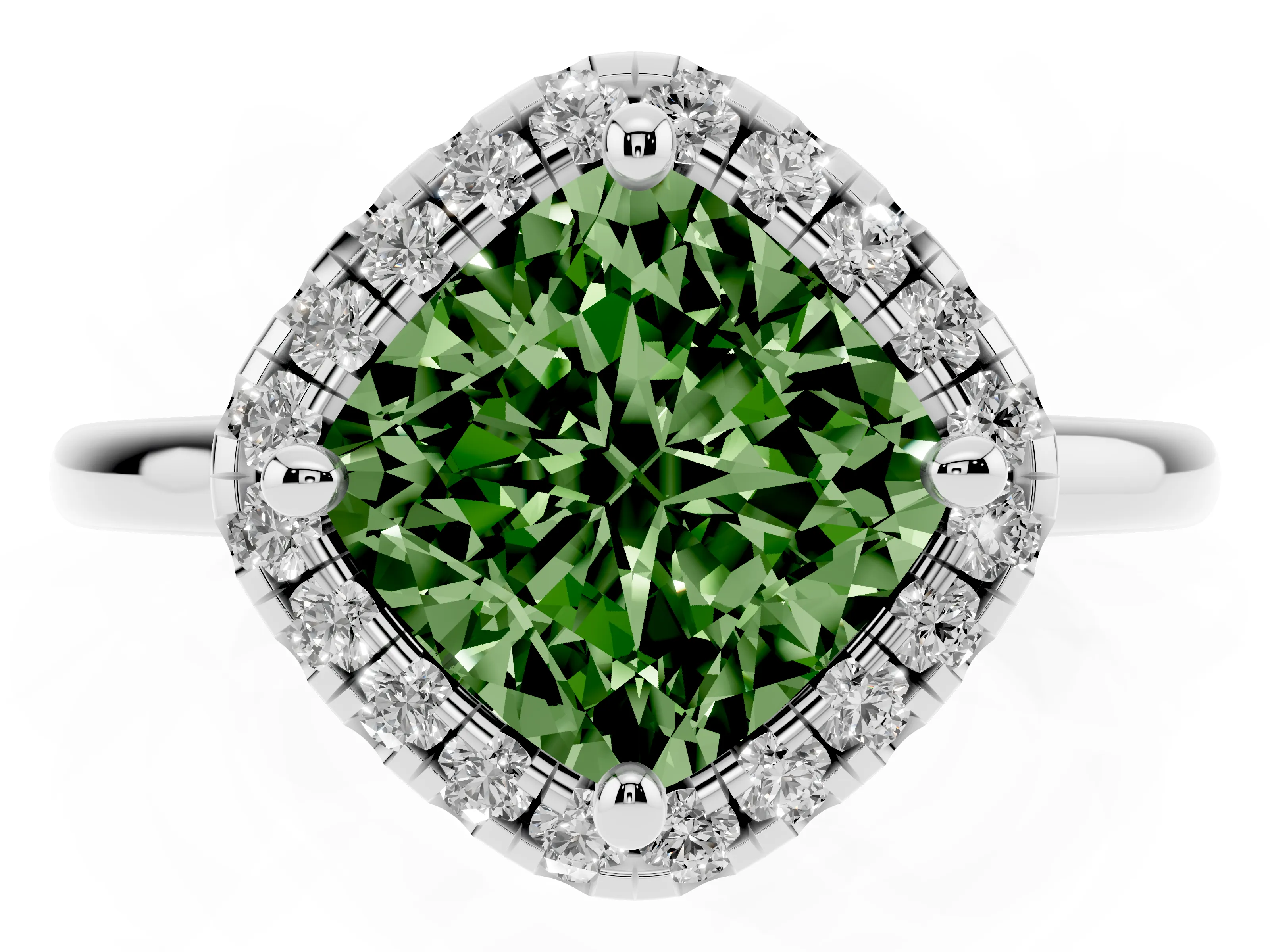 Fancy Green Cushion Cut Diamond Halo Engagement Ring Set in White gold with Pavé Band and Rising Shoulders