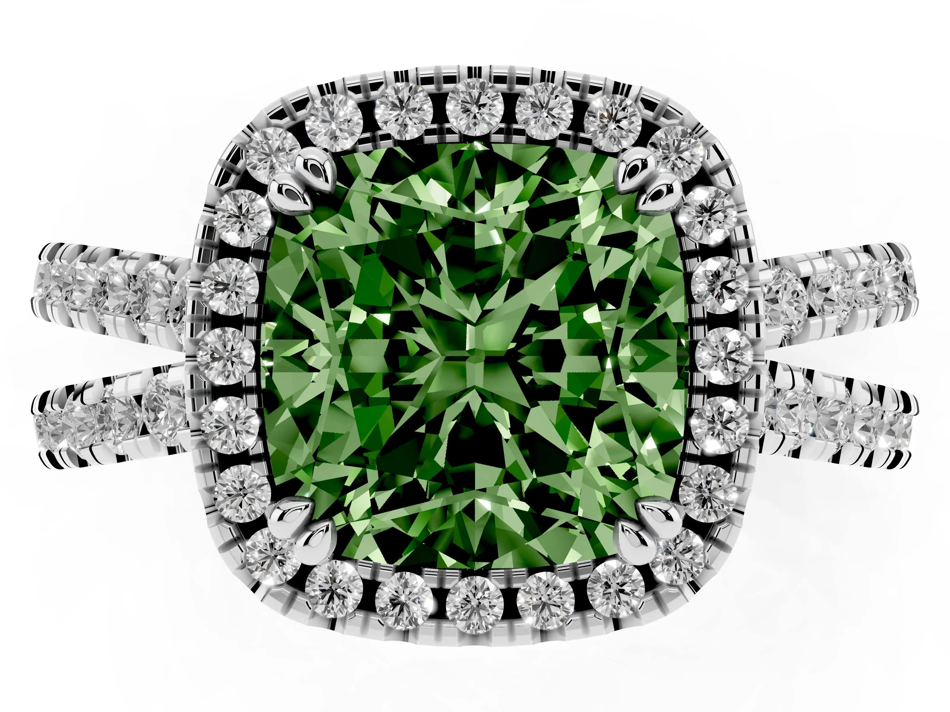 Fancy Green Cushion Cut Diamond Halo Split Shank Ring Set in Platinum with Pavé Setting