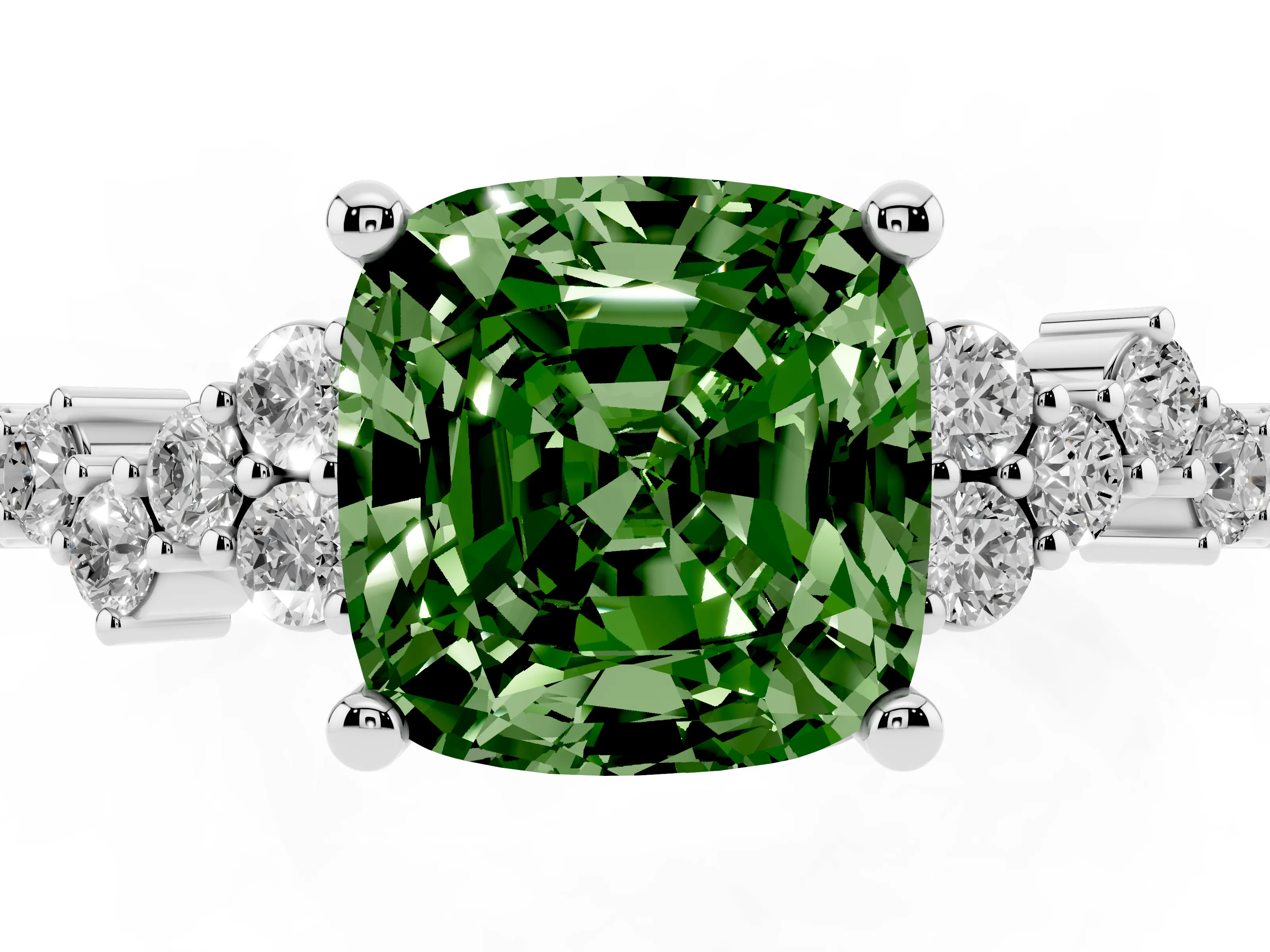 Fancy Green Cushion Cut Diamond Ring Set in White gold with Scattered Round Accents