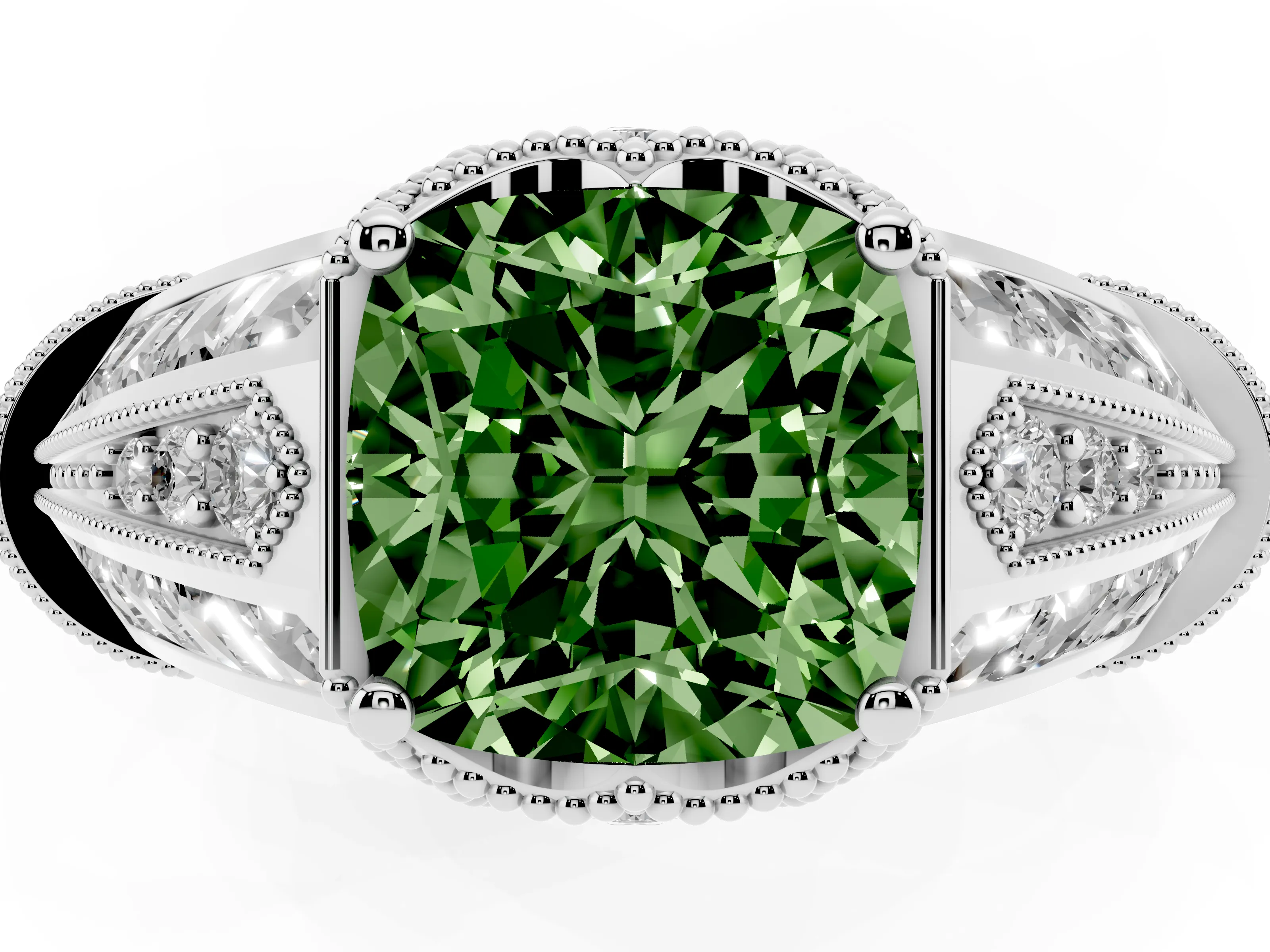 Fancy Green Cushion Cut Diamond Vintage-Inspired Milgrain Ring Set in Silver with Accent Split Shank