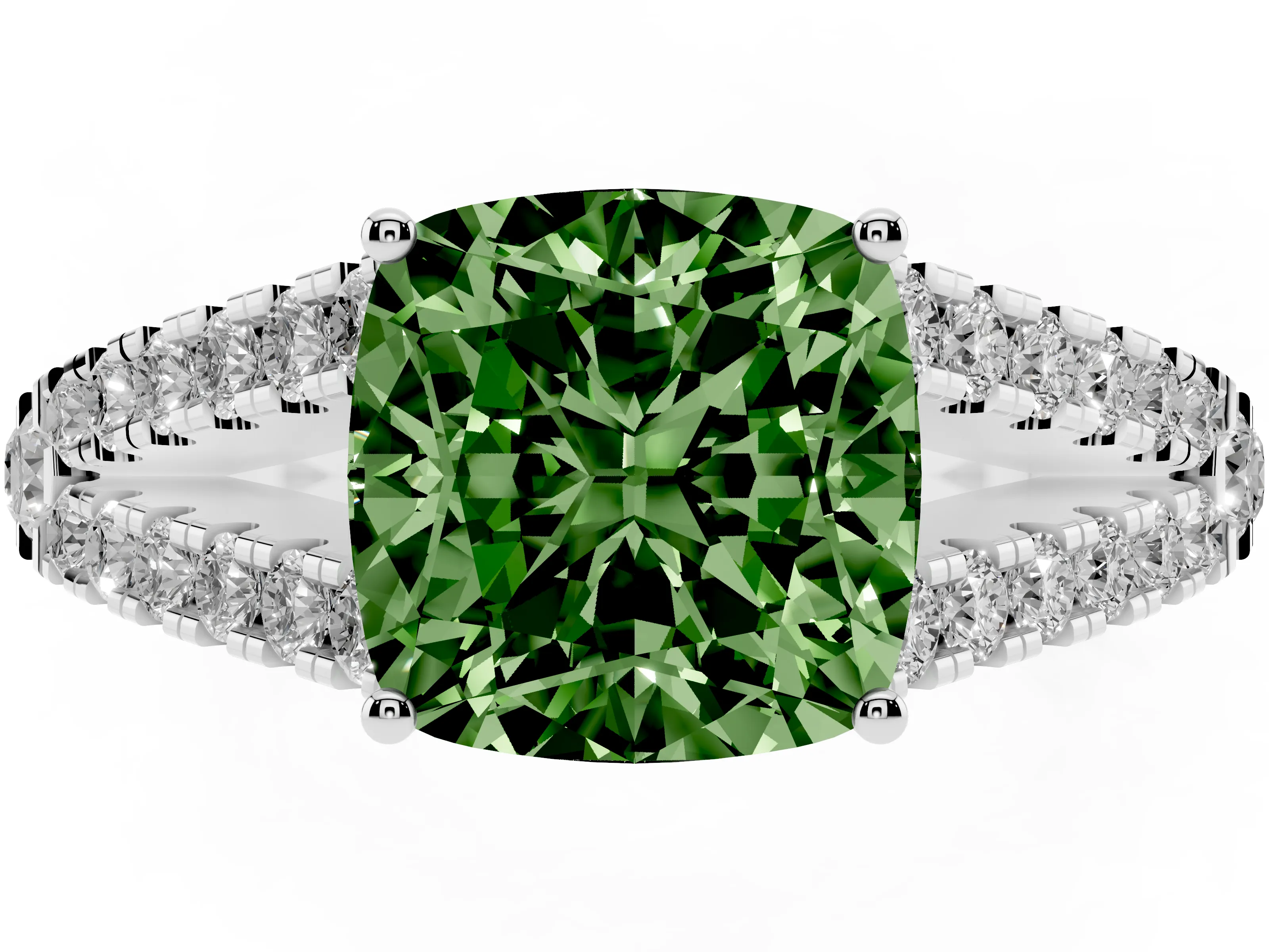Fancy Green Cushion Cut Diamond Split Shank Pavé Engagement Ring Set in Silver with Prong-Held Center Stone