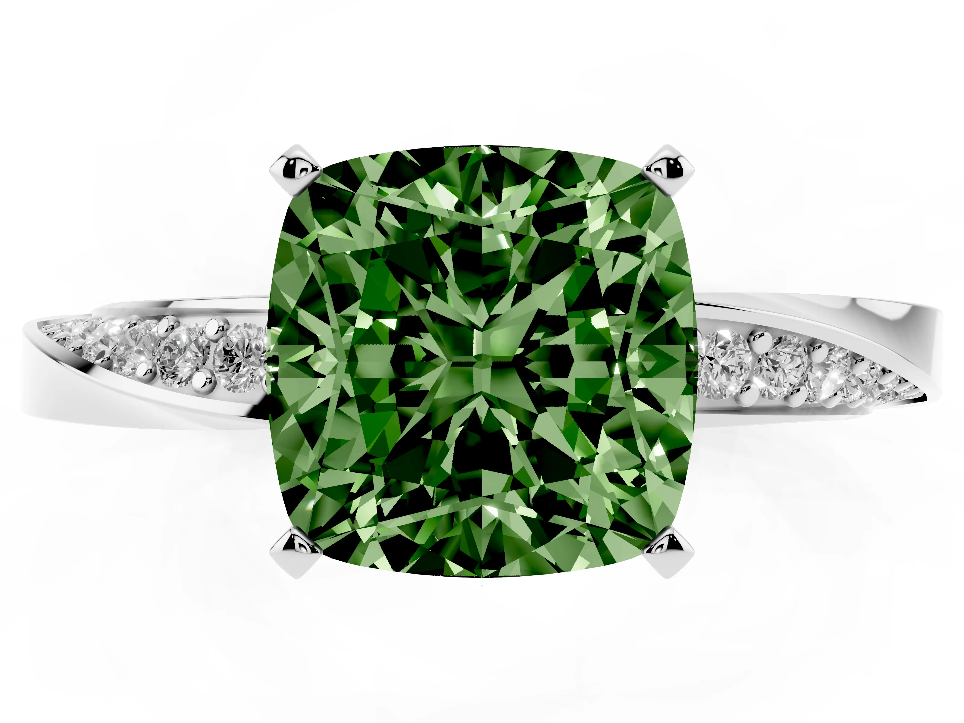 Fancy Green Cushion Cut Diamond Engagement Ring Set in Platinum with Side Stone Accents and Prong Setting