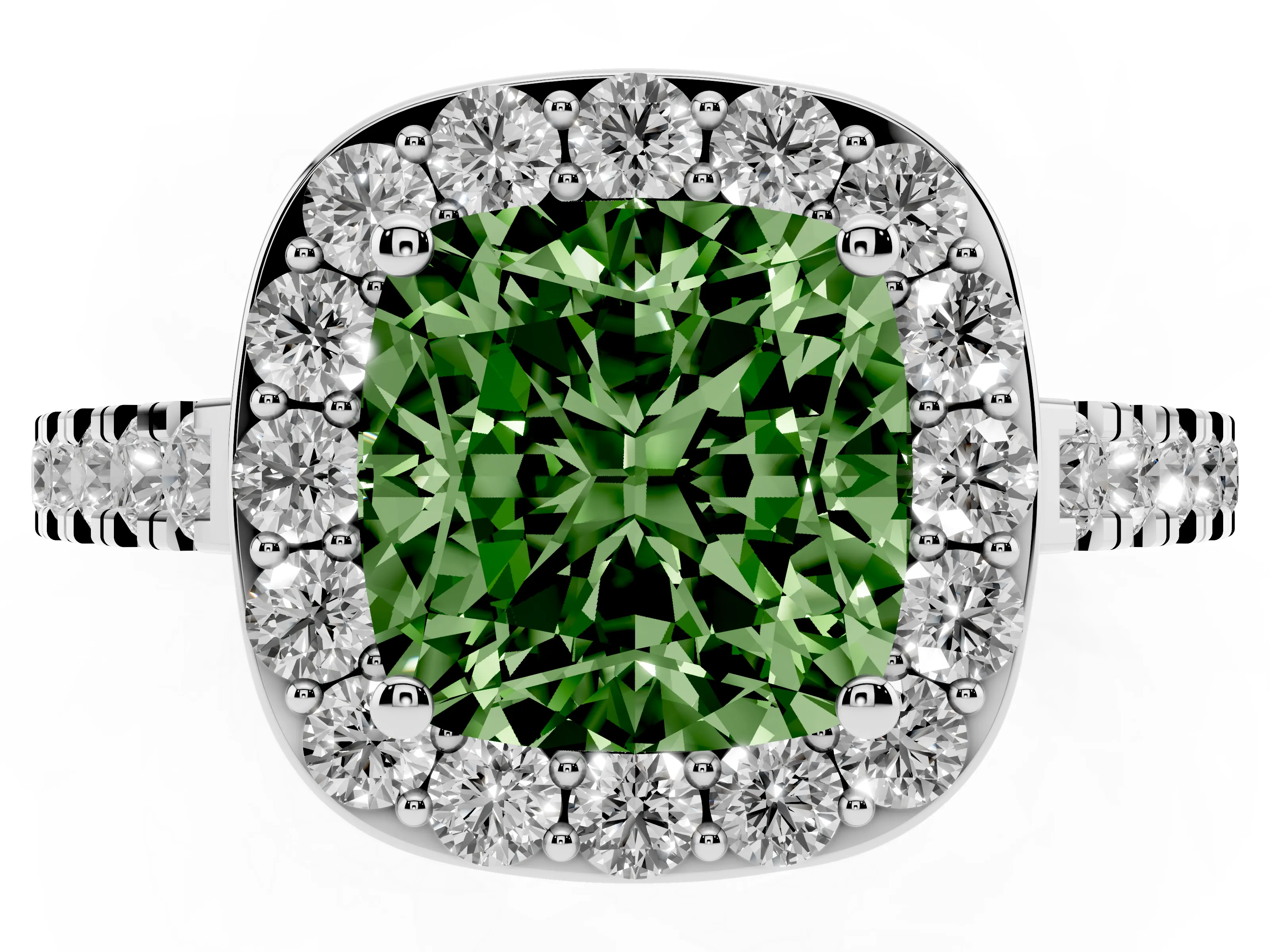 Fancy Green Cushion Cut Diamond Halo Ring Set in Platinum with Round Pavé Split Shank and Prong Setting