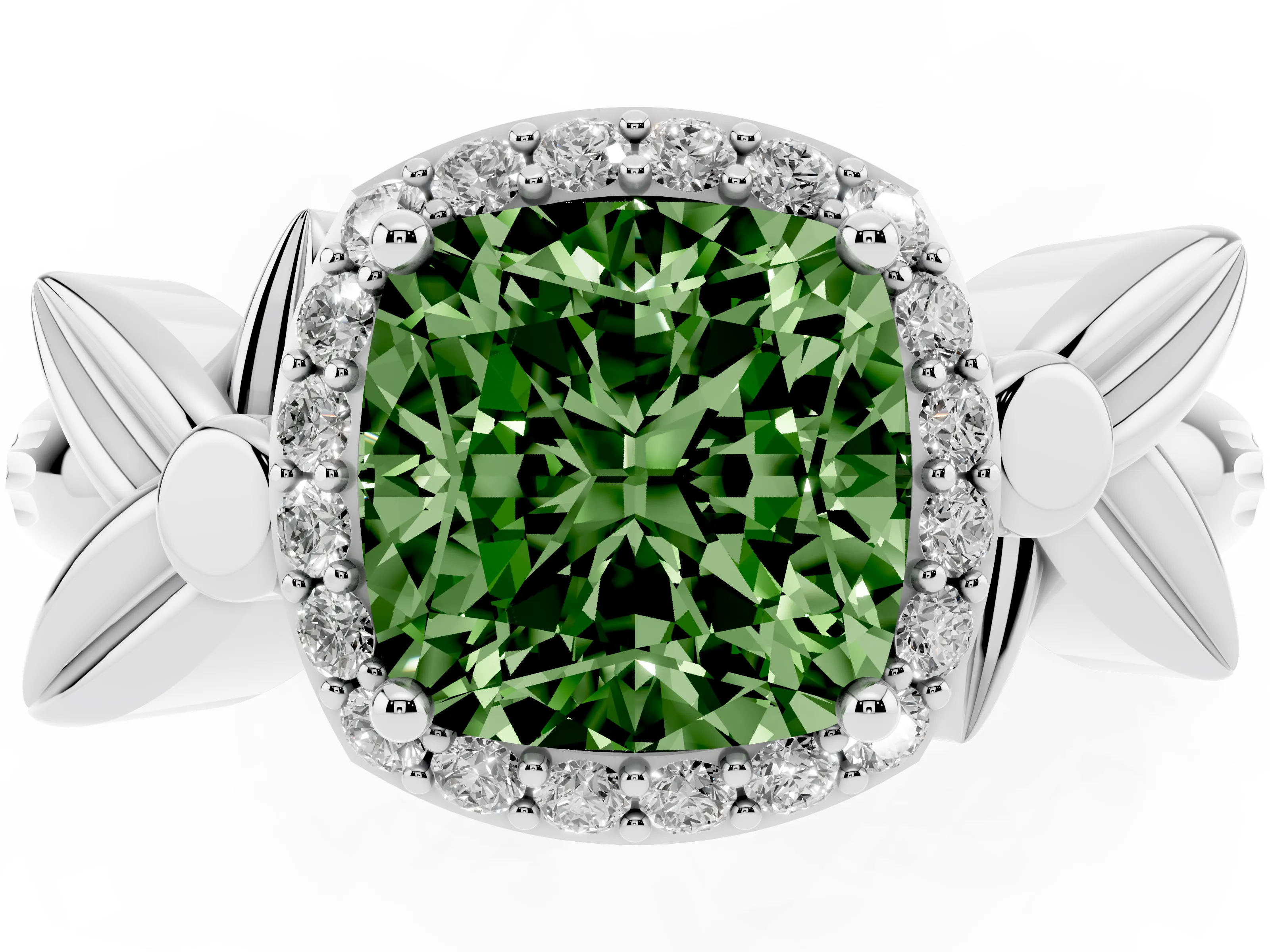 Fancy Green Cushion Cut Diamond Halo Floral Band Ring Set in Platinum with Prong Setting