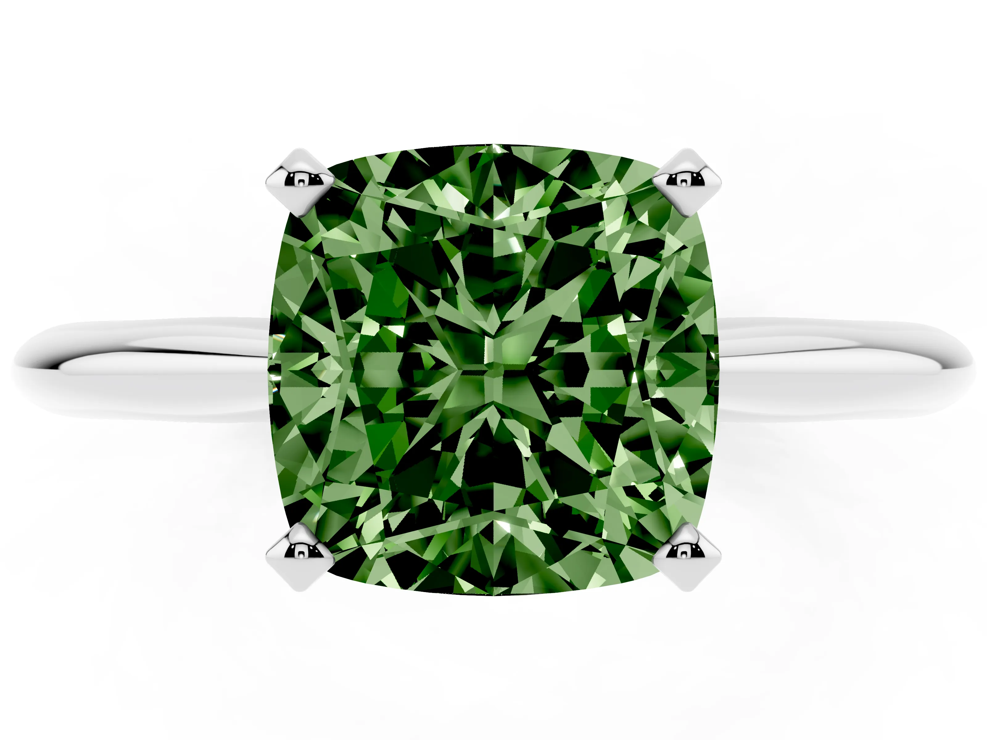 Fancy Green Cushion Cut Diamond Solitaire Ring Set in Silver with Prong Setting on a Plain Round Band
