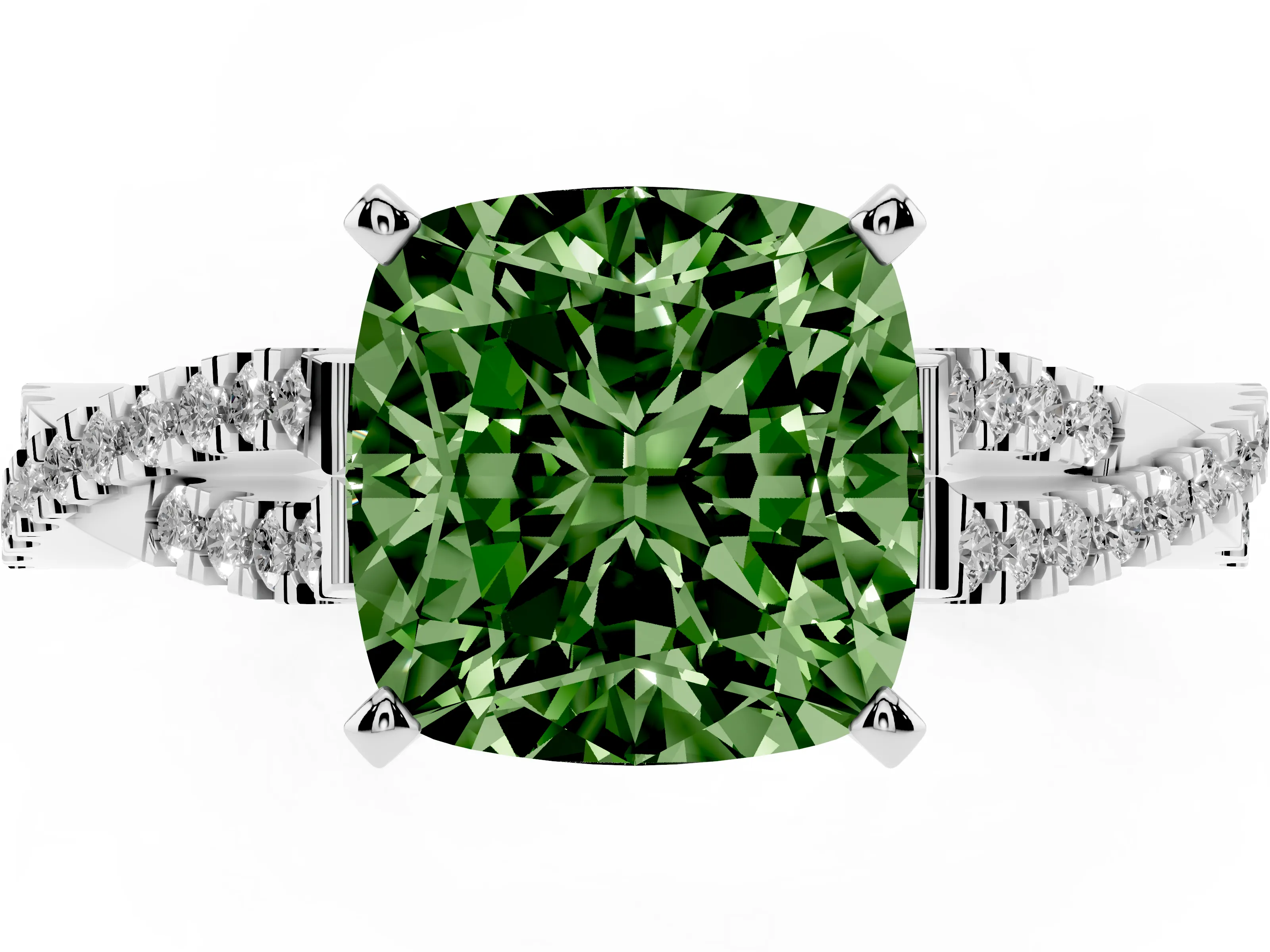 Fancy Green Cushion Cut Diamond Solitaire Engagement Ring Set in White gold with Twisted Pavé Band and Prong Setting