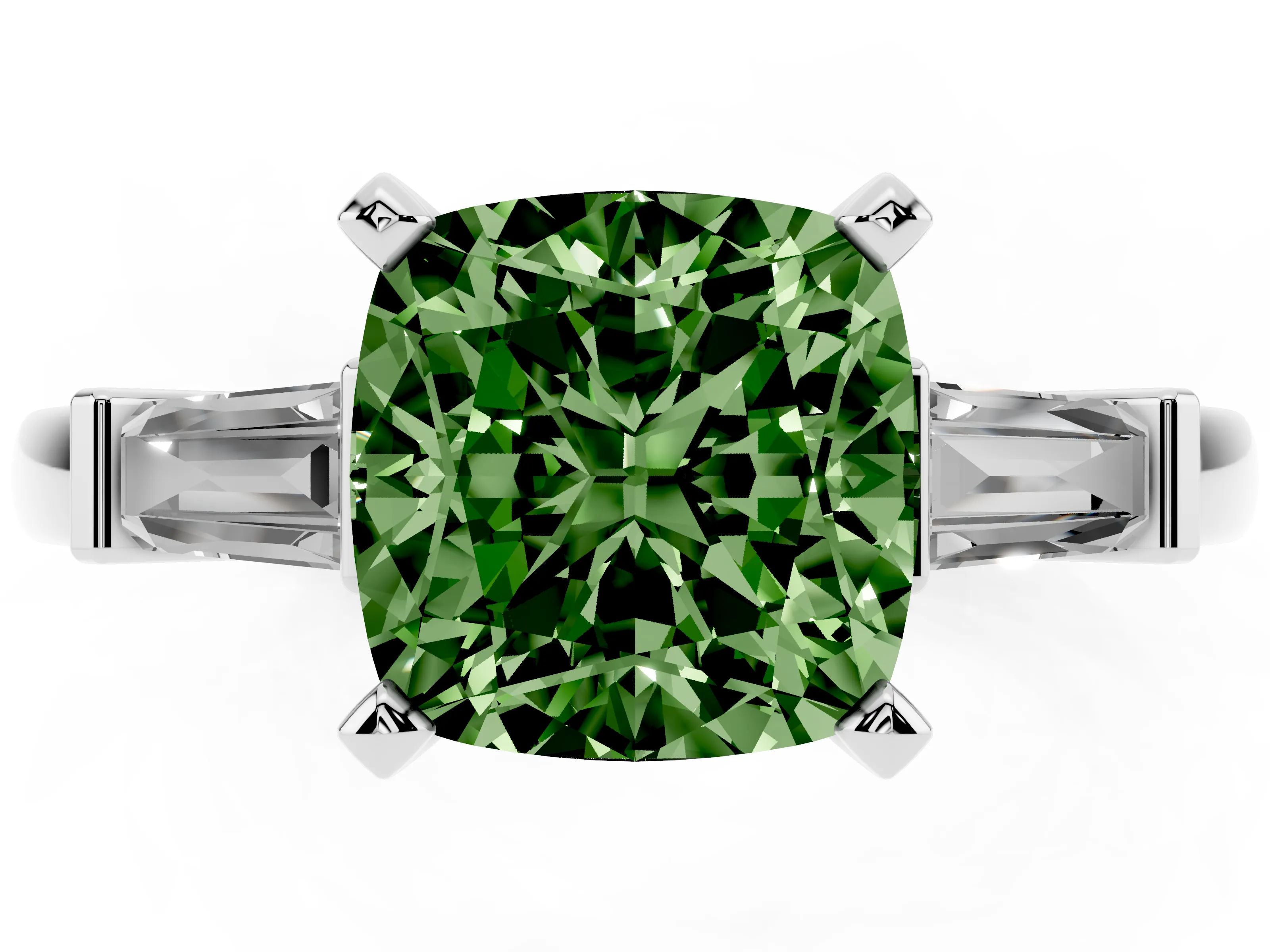 Fancy Green Cushion Cut Diamond Solitaire Ring Set in White gold with Tapered Baguette Accents and Prong Setting