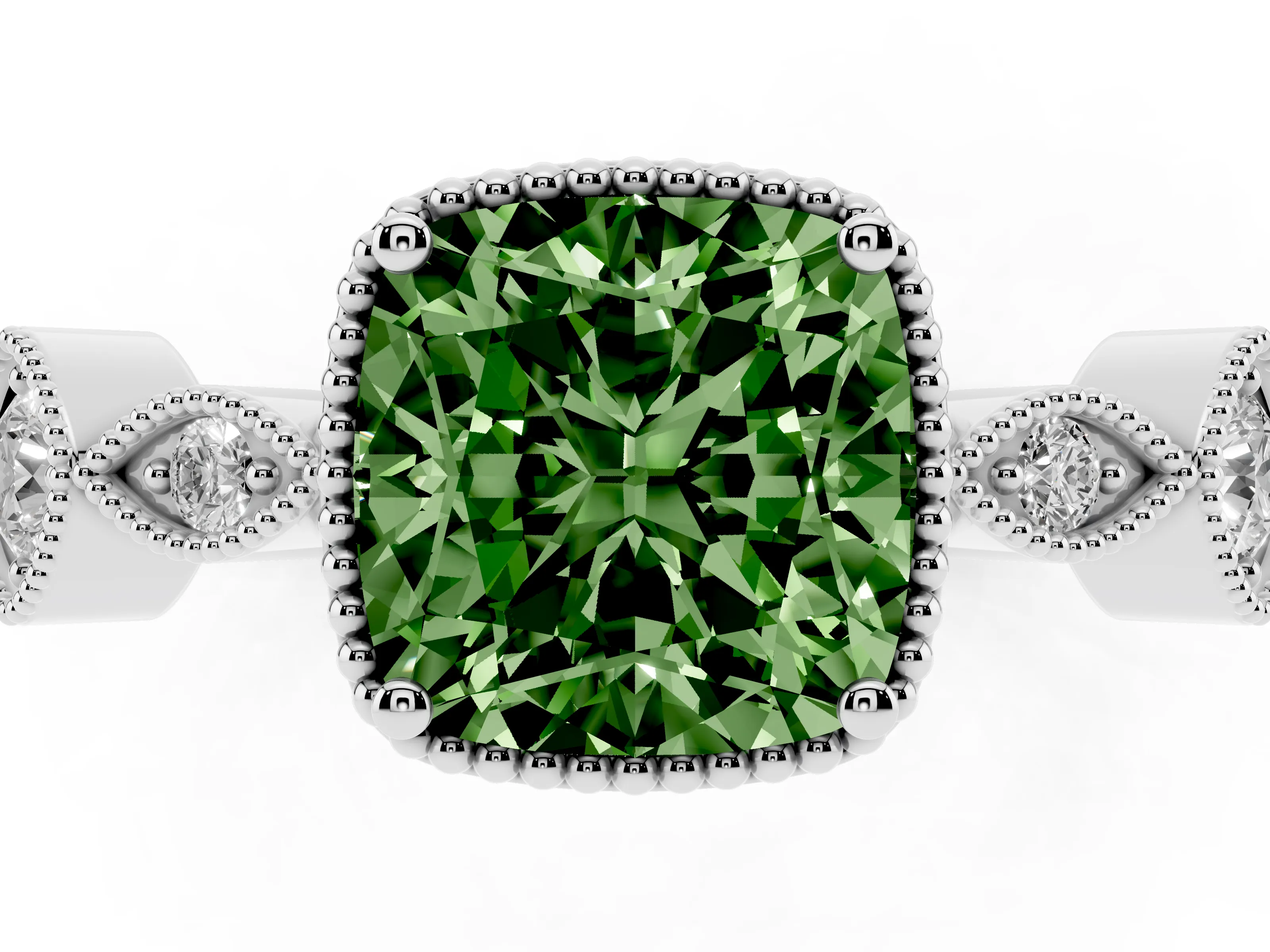 Fancy Green Cushion Cut Diamond Vintage-Inspired Milgrain Ring Set in White gold with Marquise Stations of Round Accents